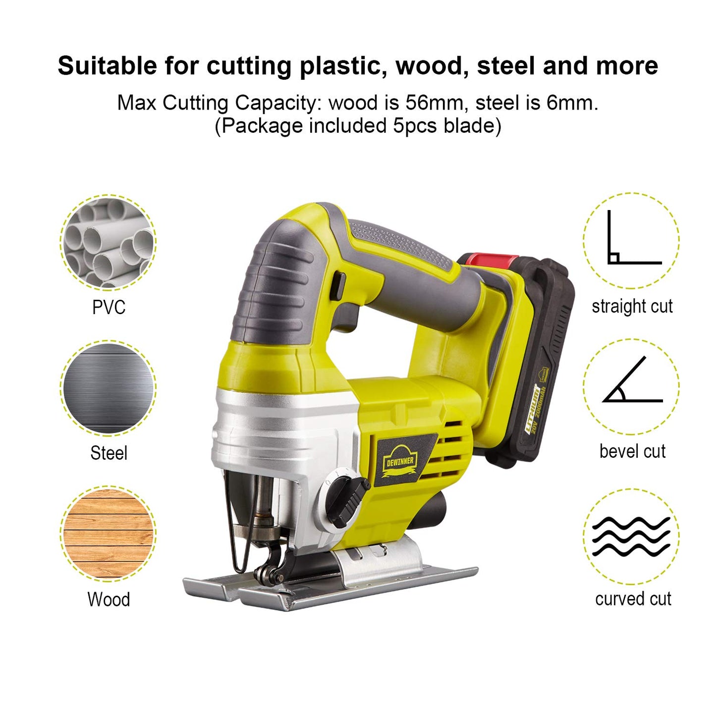 - DEWINNER Cordless Jigsaw | Electric Saw Tool | Variable Speed for Bevel Cutting Led Light | Include 2.0Ah Li-ion 20V MAX Battery and Fast Charger | 5*Blades | Tool-Less Blade Change for Metal Cutting -