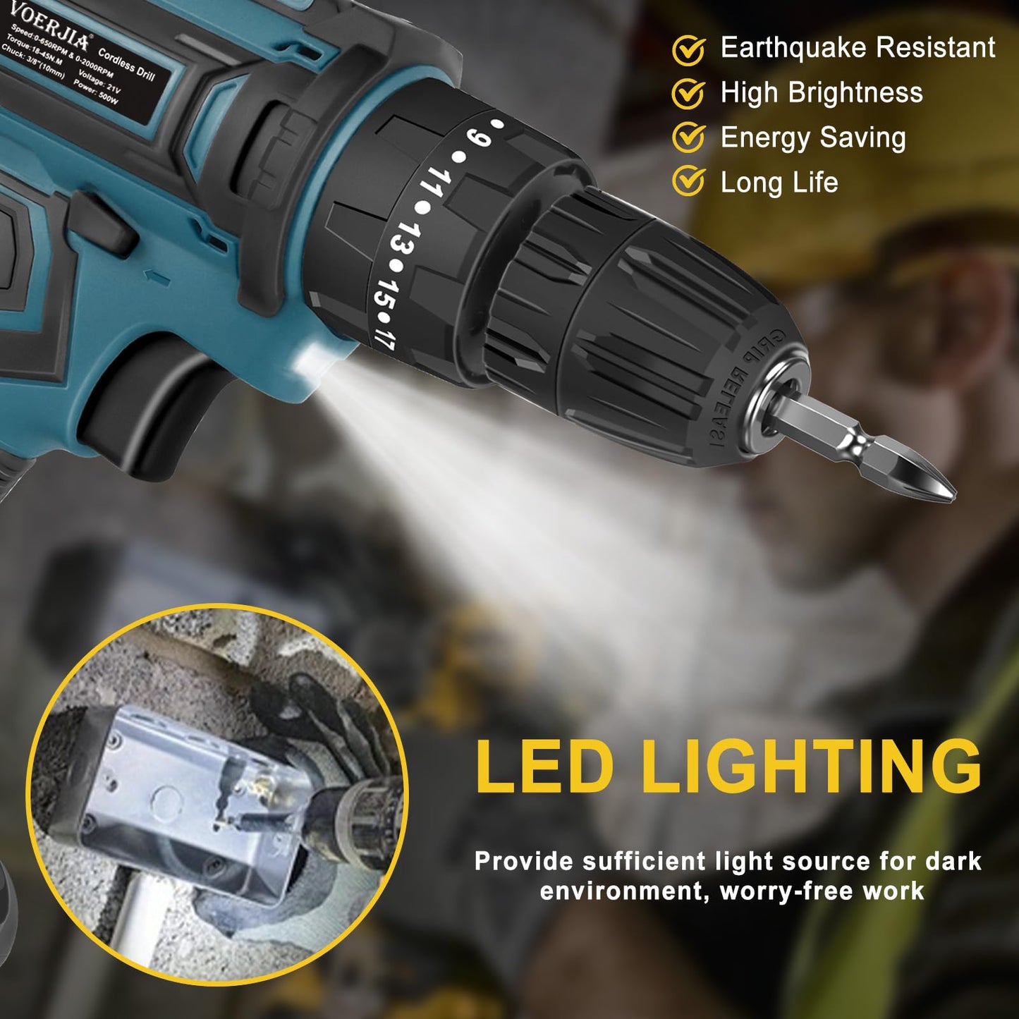 - VOERJIA 21V Cordless Drill, Power Drill Cordless, Cordless Drill with 2 Batteries 2000mAh -