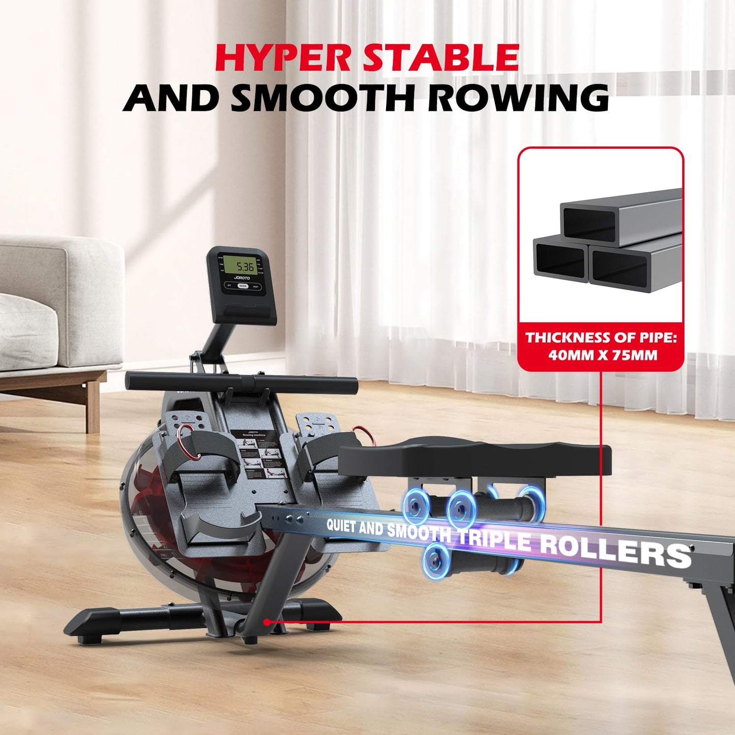 - JOROTO Water Rowing Machine For Home Gym | 150KG Weight Capacity With Bluetooth Connection -