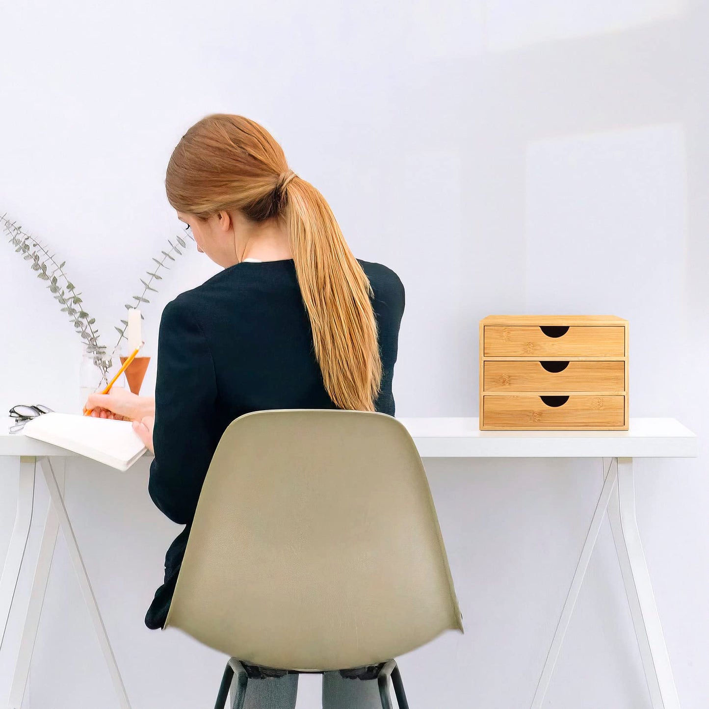 - Woodluv 3 Drawer Bamboo Home Office Desktop Tidy A4 Sturdy Stationary Storage Organiser Unit, W25 X D33 X H18.5cm