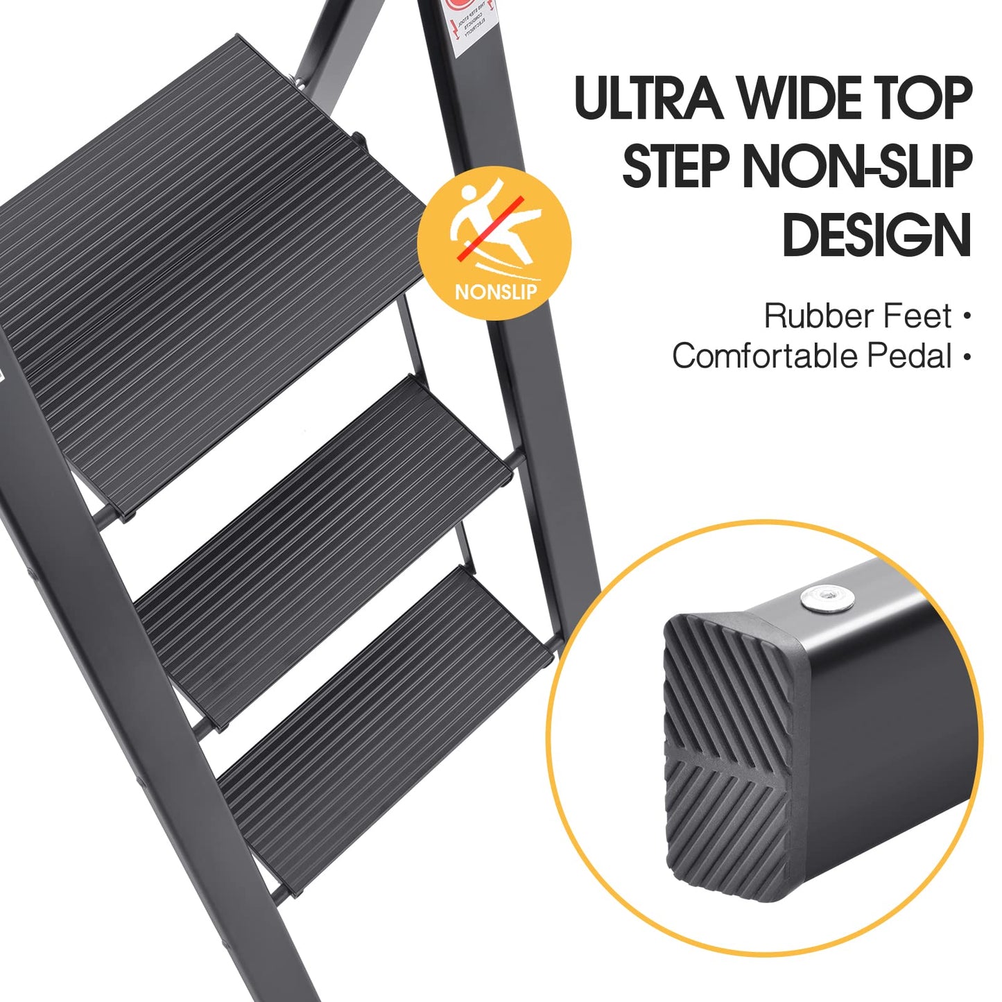 - KINGRACK 3 Step Ladder With Handrail | Non-Slip Household Ladder With Folding Safety -