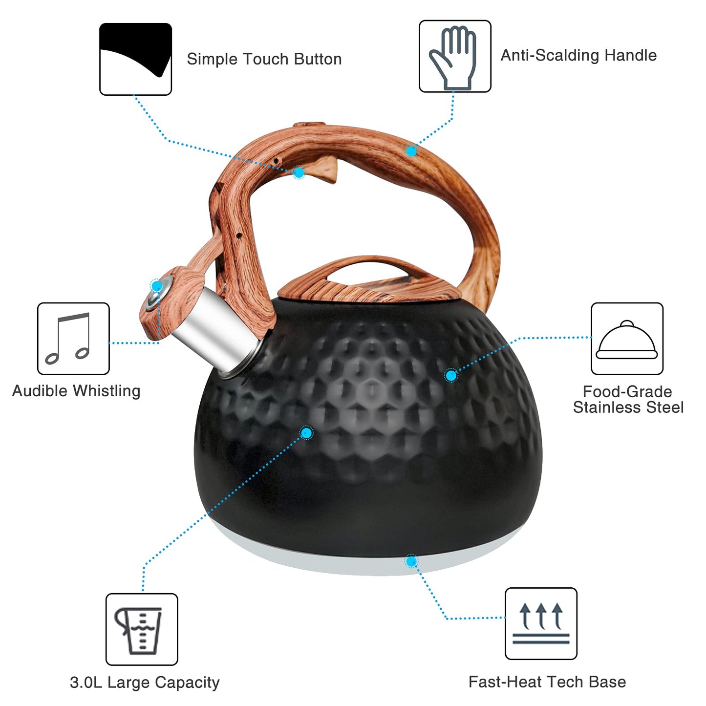 Beruyu Stove Top Whistling Kettle, Stainless Steel Teapot with Wood Grain Handle, for Gas Stove Induction Cooker, 3L (Black)