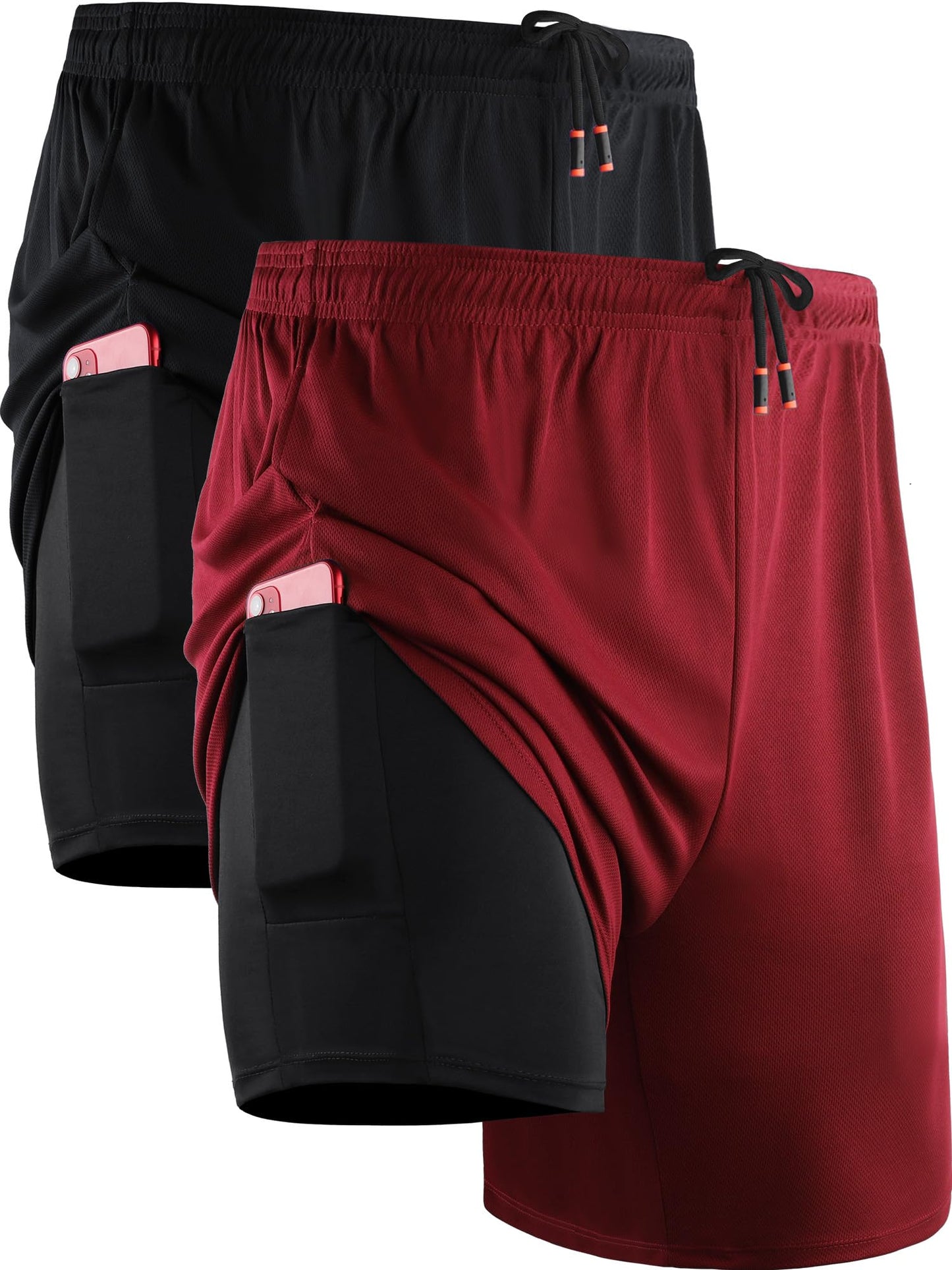 Cadmus Men's 2 in 1 Running Shorts with Liner,Dry Fit Workout Shorts with Pockets,1070,2 Pack,Black/Red,XL