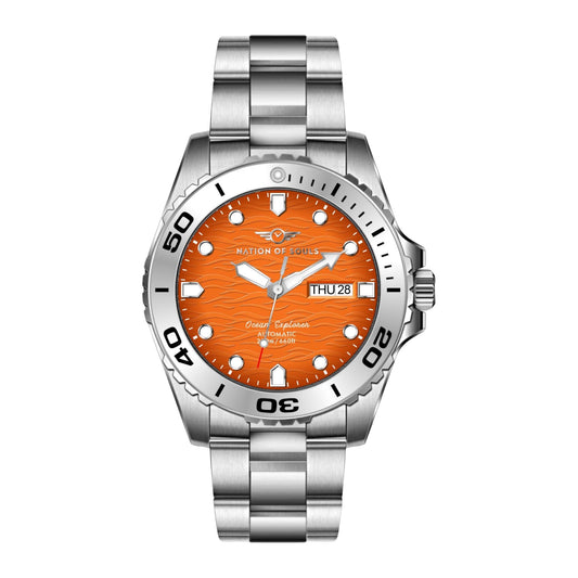 - Nation of Souls Silver and Orange Ocean Explorer | Men's Automatic Analogue Watch -