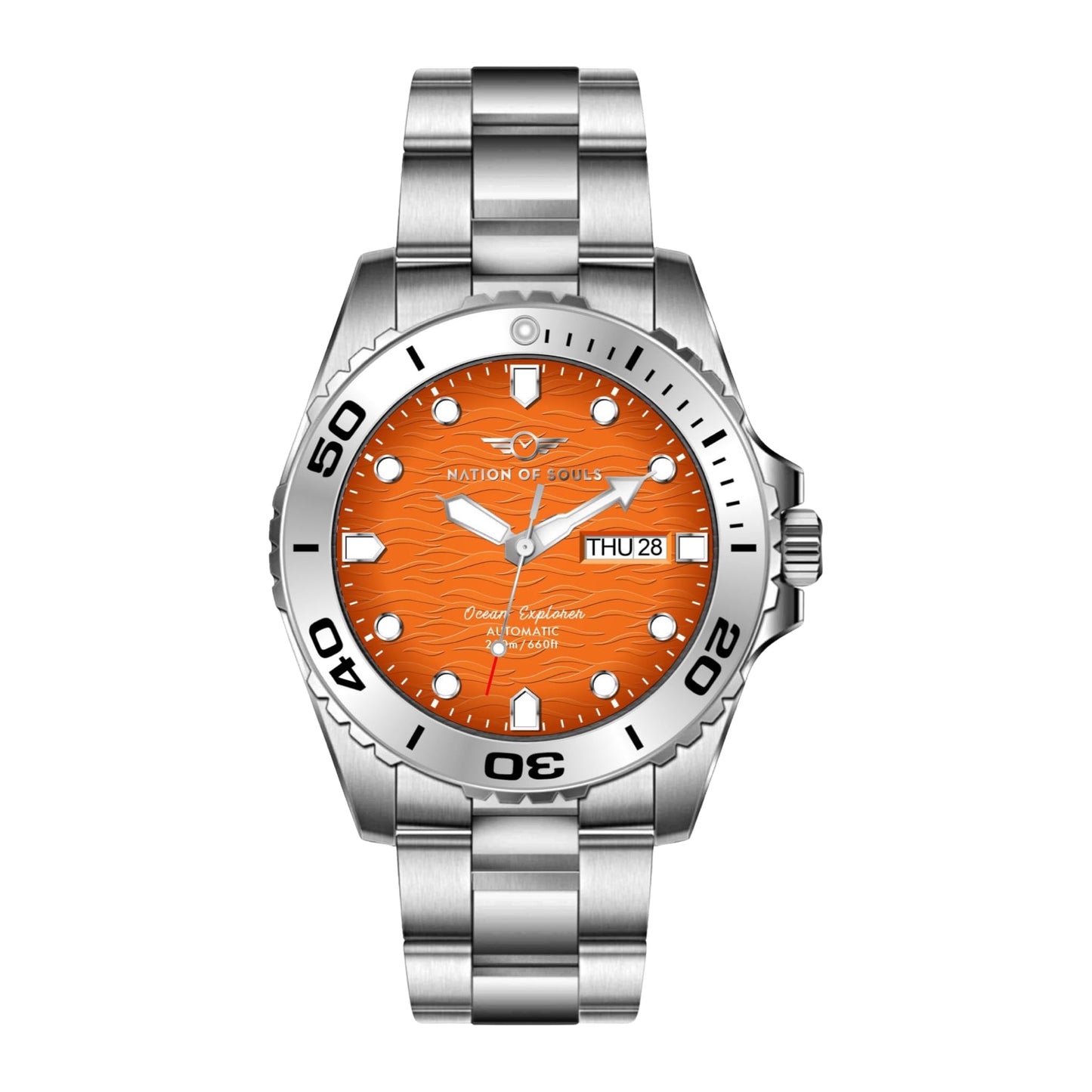 - Nation of Souls Silver and Orange Ocean Explorer | Men's Automatic Analogue Watch -