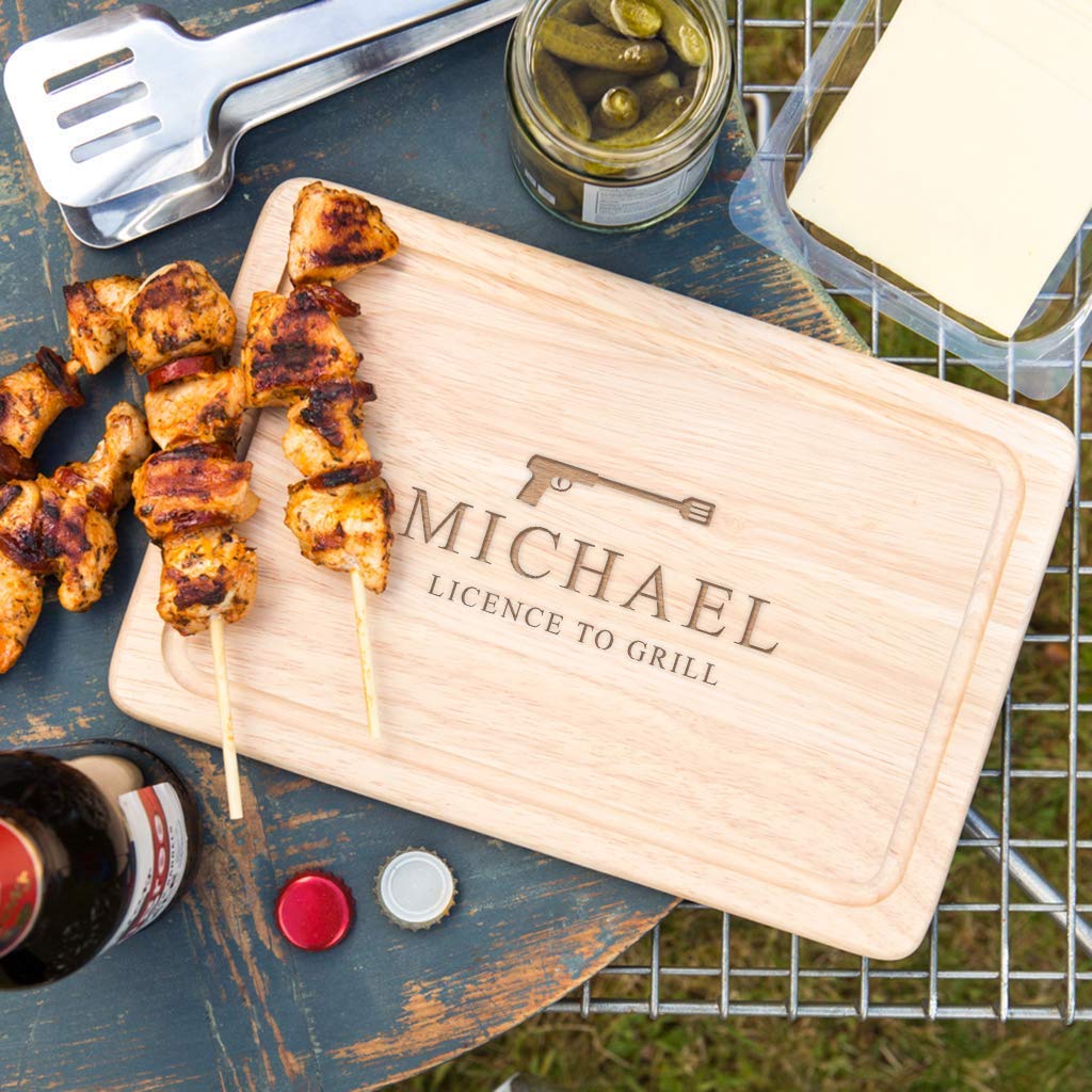 - Personalised Birthday Gifts for Men - "Licence to Grill" Wood Cutting Board -