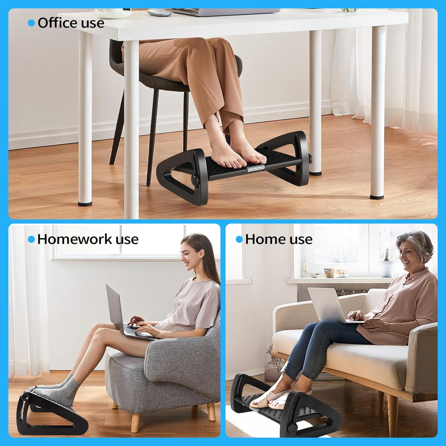 AMUSPK Office Foot Rest, Adjustable Height Footrest Under Desk, Ergonomic Foot Stool with Large Roller Massager for Office, Pressure Relief, Straightening The Hunchback, Father's Day Gifts