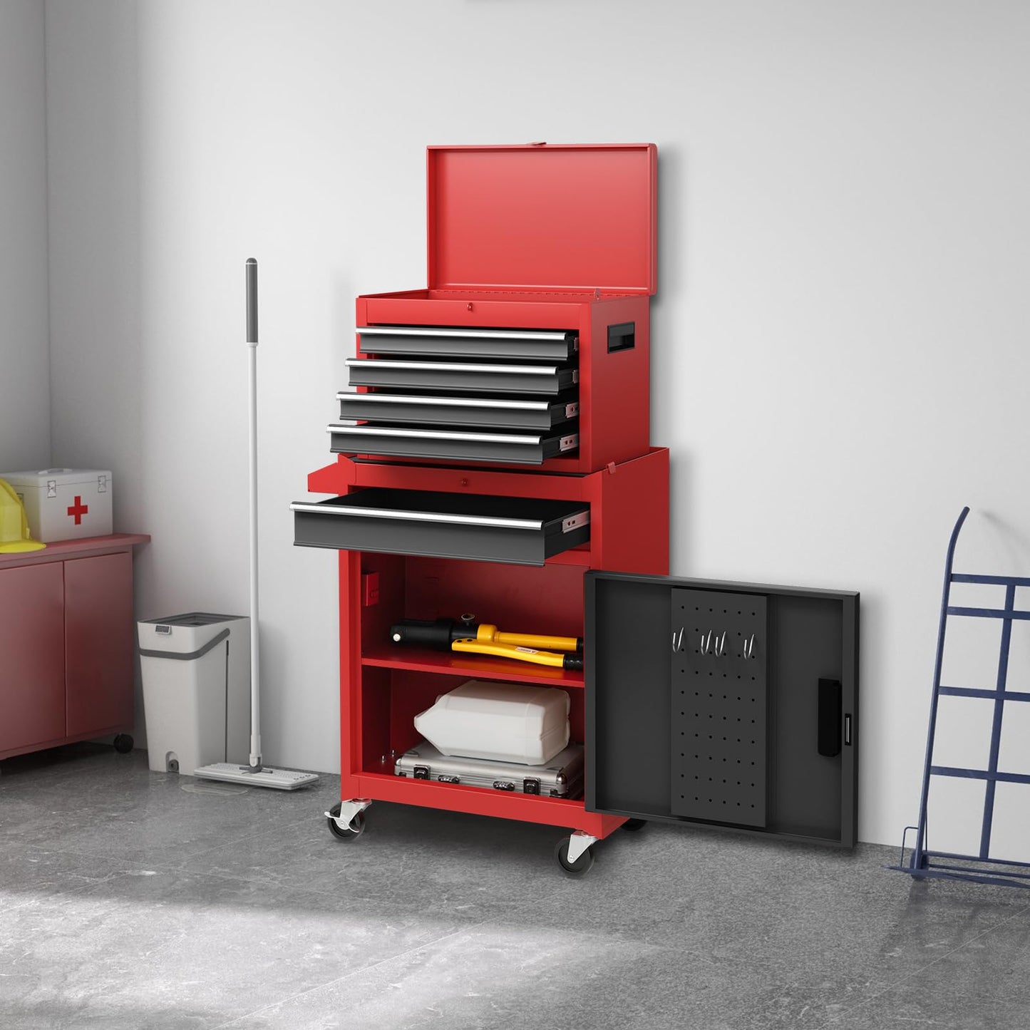 COSTWAY Large Rolling Tool Cabinet, 2-in-1 Detachable Metal Tool Chest with Drawers, Wheel, Handle, Hooks & Pegboard, Lockable Tool Box Trolley for Garage Workshop (with Adjustable Shelf, Red+Black)