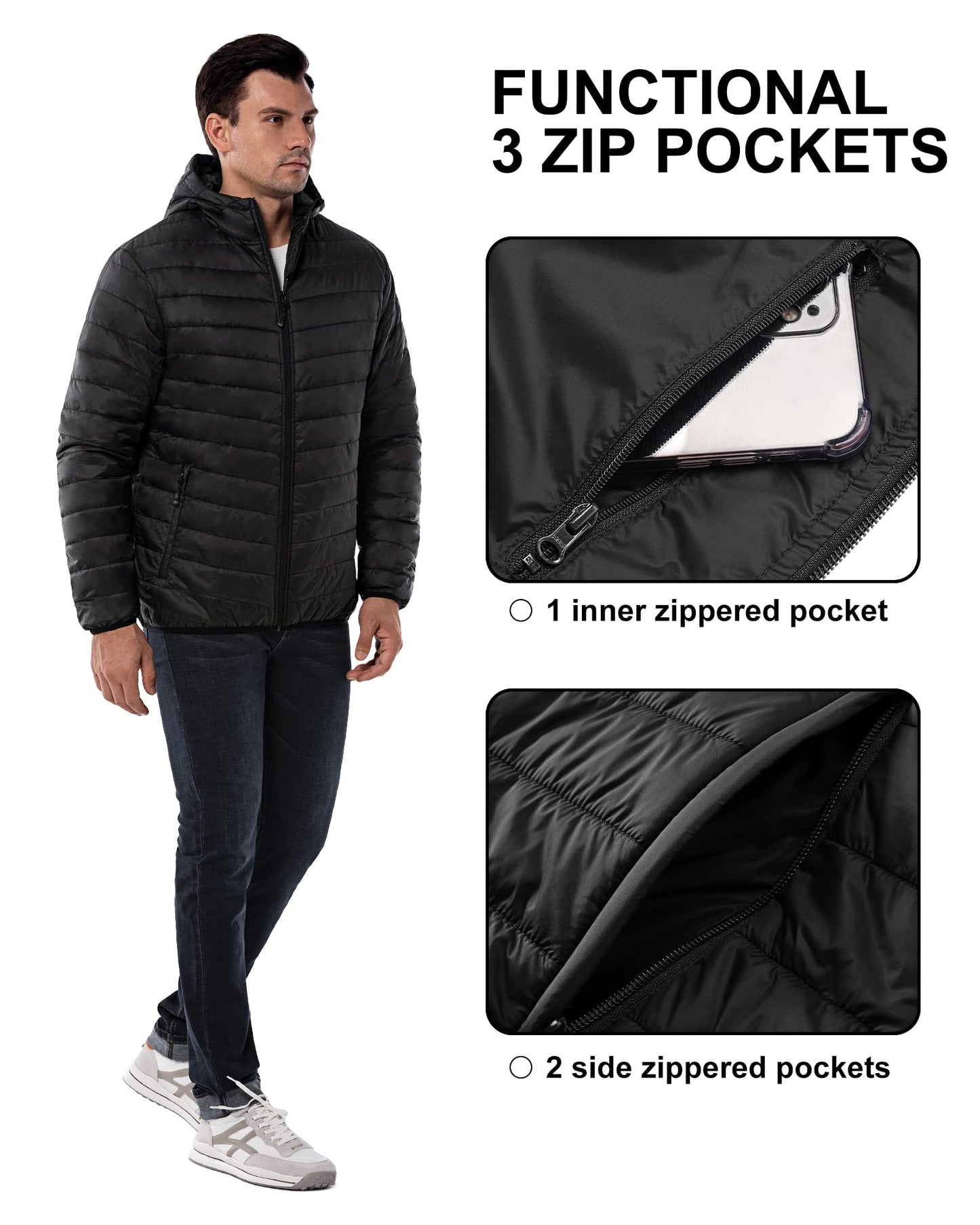 33,000ft Lightweight Waterproof Puffer Jacket Men's Packable Insulated Winter Jacket with Hood Windproof Mens Quilted Coat for Hiking, Travelling Black L