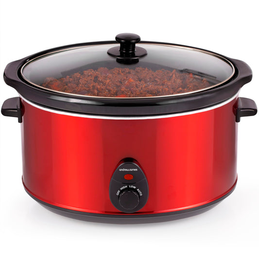 Andrew James Slow Cooker, Removeable Easy Clean Ceramic Bowl, 3 Temperature Settings, Energy Efficient, Tempered Glass Lid, Cool Touch Handles & Non-Slip Feet (Red, 8L)