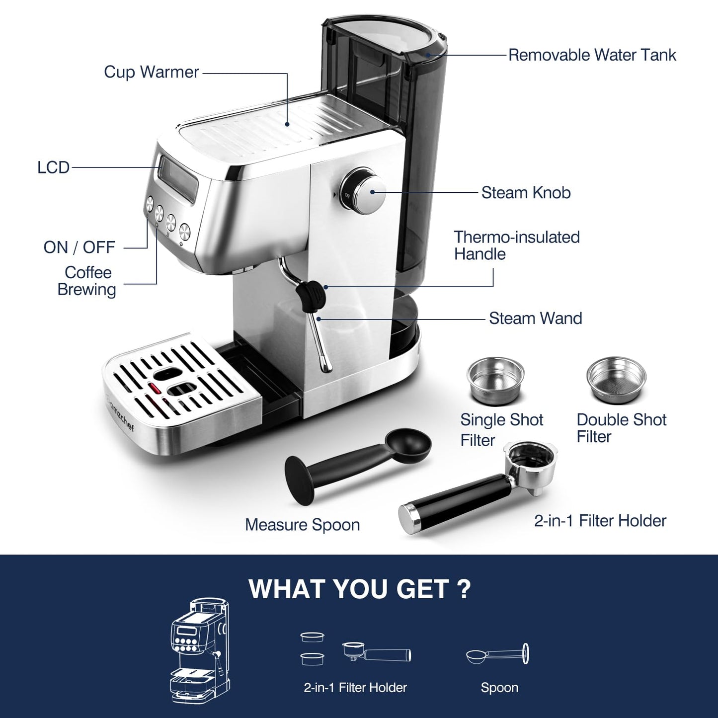 AMZCHEF 20 Bar Espresso Coffee Machines with LCD Panel and Steam Milk Frother, Compact Cappuccino and Latte Machine, All In One Coffee Machine for Home Use with 1.3L Removable Water Tank, 2 Filters