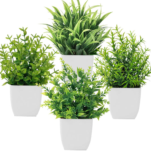 Bafenli 4 Pack Mini Artificial Plants Greenery Potted Plastic Fake Plants for Home Bathroom Office Table Decor