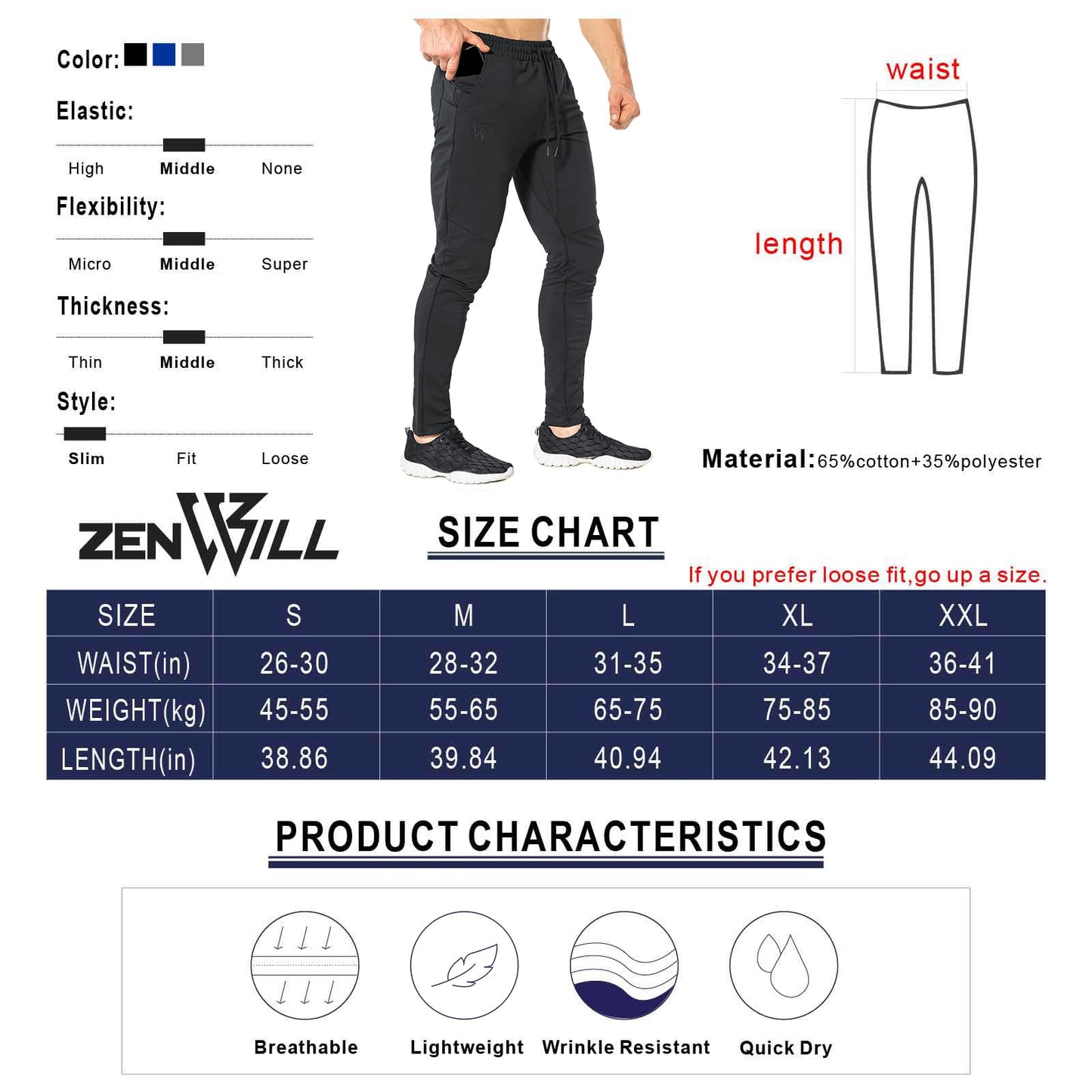 - ZENWILL Mens Tapered Gym Joggers Bottoms, Tracksuit Jogging Running Trousers Sweat Pants with Zip Pocket