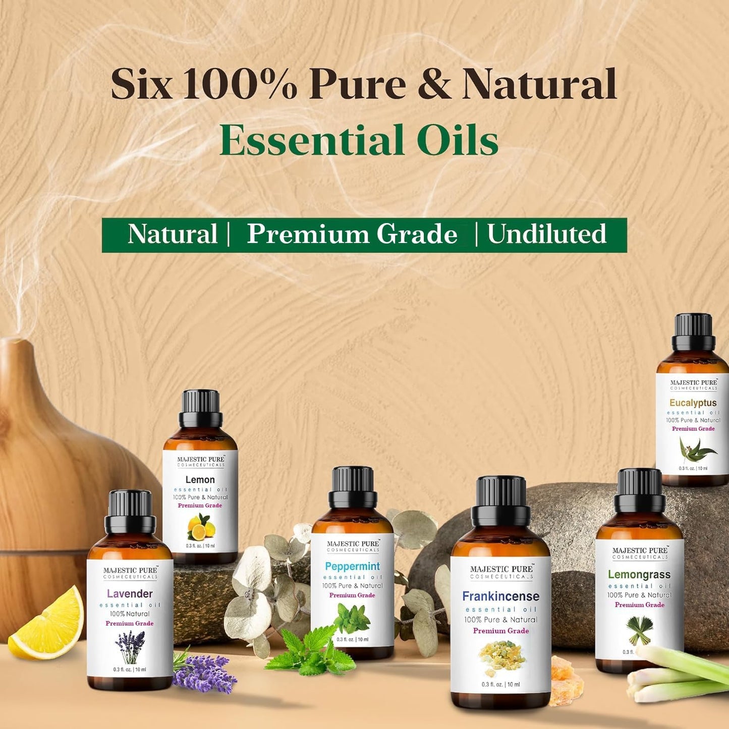 - Majestic Pure 100% Pure Essential Oils Set - 6 x 10ml (Peppermint, Lavender, Eucalyptus, Frankincense, Lemongrass, Lemon) for Diffusers, Aromatherapy, Candles, Humidifiers -