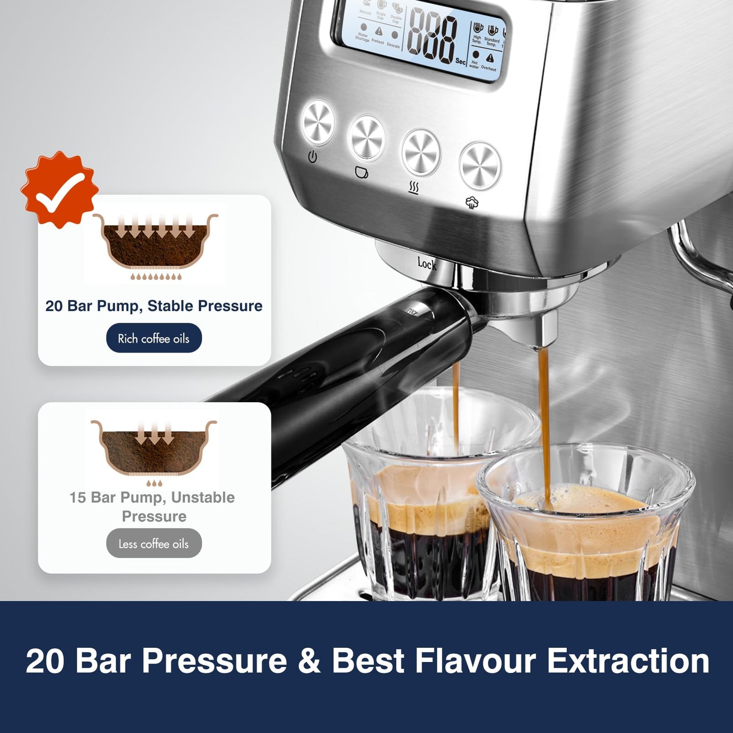 AMZCHEF 20 Bar Espresso Coffee Machines with LCD Panel and Steam Milk Frother, Compact Cappuccino and Latte Machine, All In One Coffee Machine for Home Use with 1.3L Removable Water Tank, 2 Filters