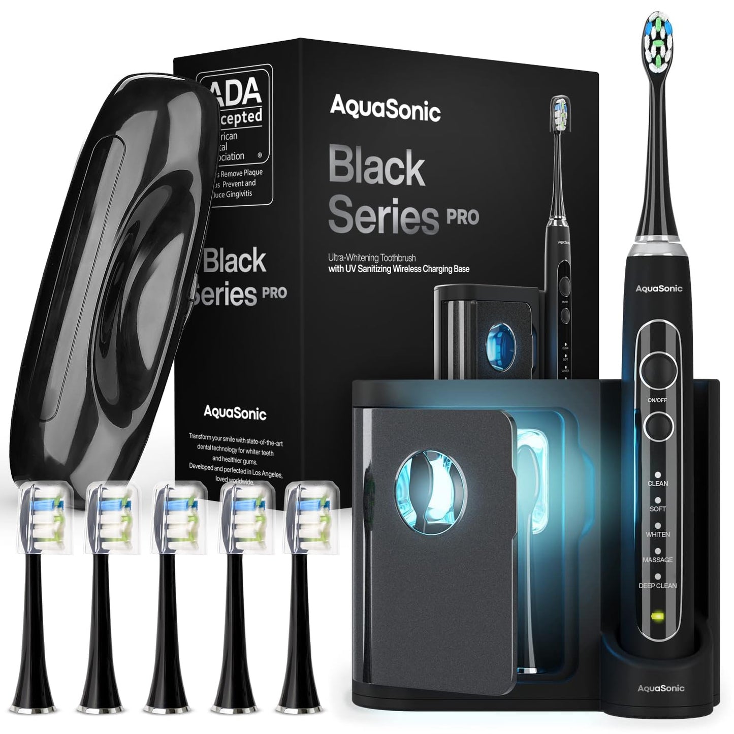Aquasonic Black Series PRO Ultra Whitening Toothbrush w UV Sanitizing Base 4 Modes & Smart Timers UV Sanitizing & Charging Travel Case Electric Tooth Brush 6 Proflex Brush Heads