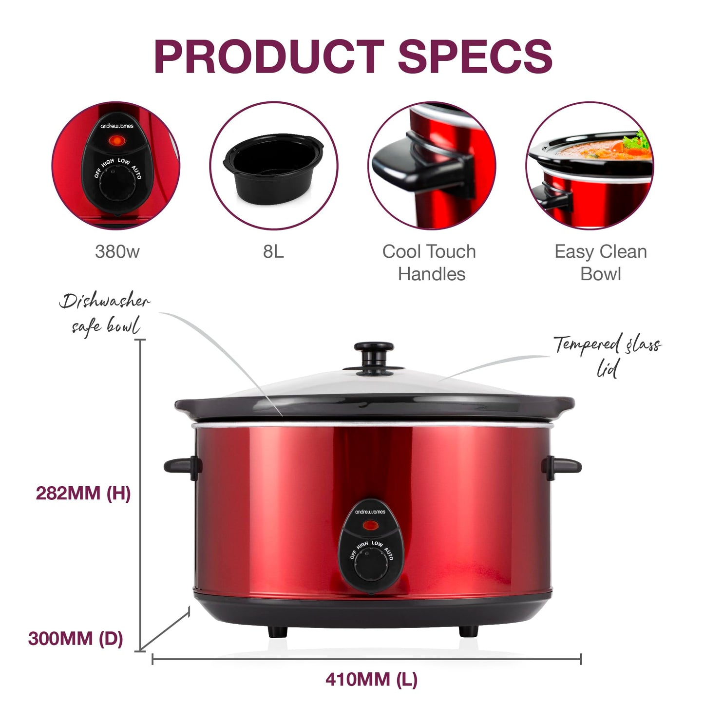 Andrew James Slow Cooker, Removeable Easy Clean Ceramic Bowl, 3 Temperature Settings, Energy Efficient, Tempered Glass Lid, Cool Touch Handles & Non-Slip Feet (Red, 8L)