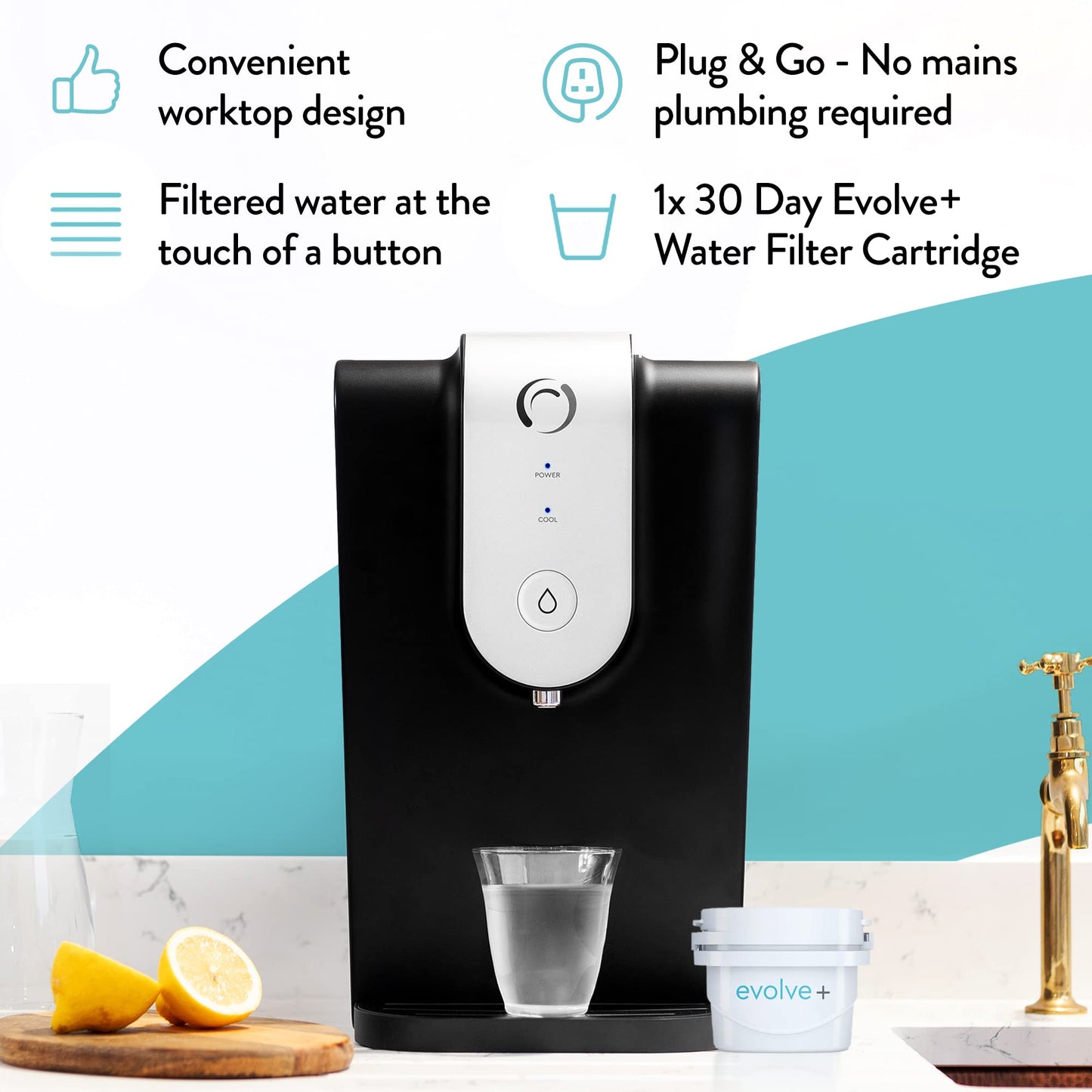 Aqua Optima Lumi Chilled Filtered Water Dispenser – 8.2L Total Capacity & 1 x 30 Day Evolve+ Water Filter Catridge for Reduction Of Microplastics, Chlorine, Limescale & Other Impurities