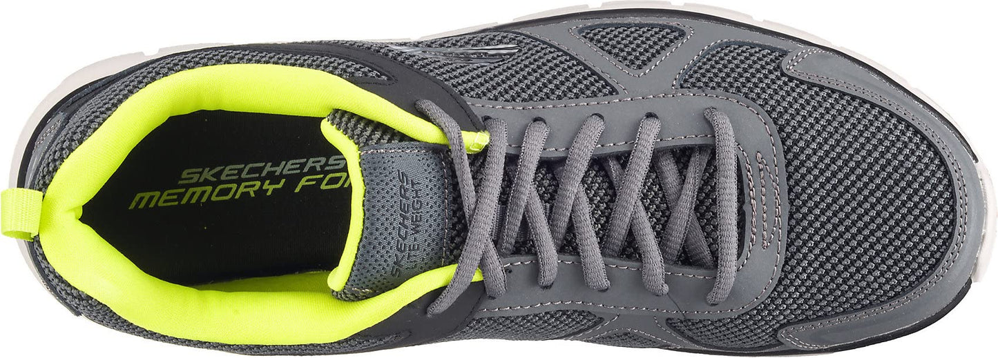 - Skechers Men's Track Bucolo Trainers | Charcoal Black Leather Mesh Lime Trim -