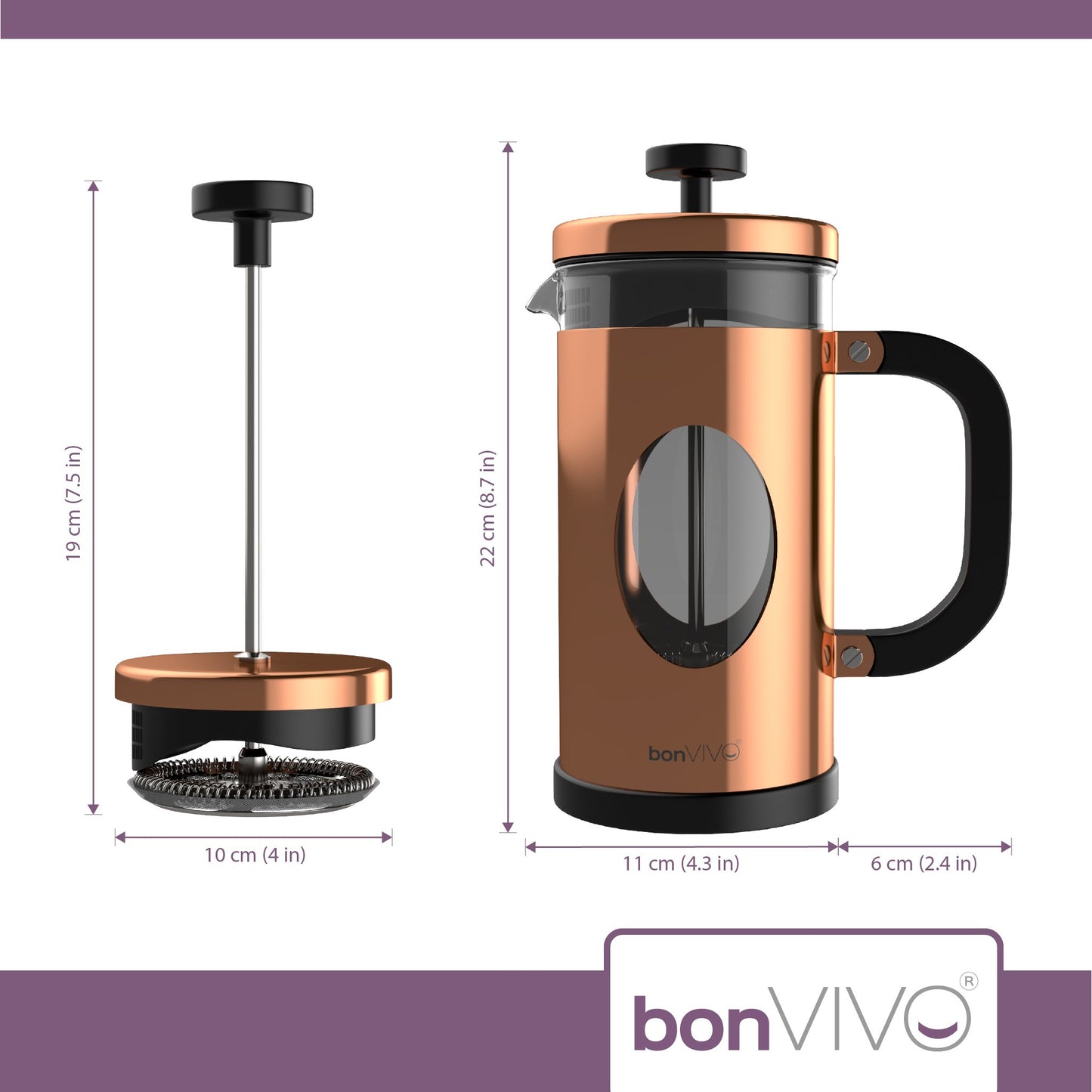 bonVIVO Cafetiere - GAZETARO I 350ml, 8 Cup, Stainless Steel French Press Coffee Maker w/Bonus Scoop and Replacement Filter Mesh - Heat-Resistant Coffee Press - Gifts for Women and Men Copper