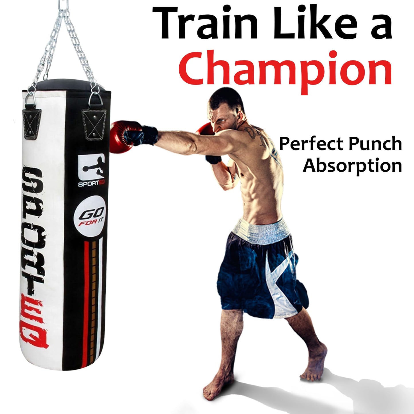 - Sporteq Dyno Heavy Filled Punch Bag Sets for All Ages | Steel Hanging Ring & Floor Attachment | Boxing, Martial Arts, Home & Commercial Gym Use (Black/White, 5FT) -