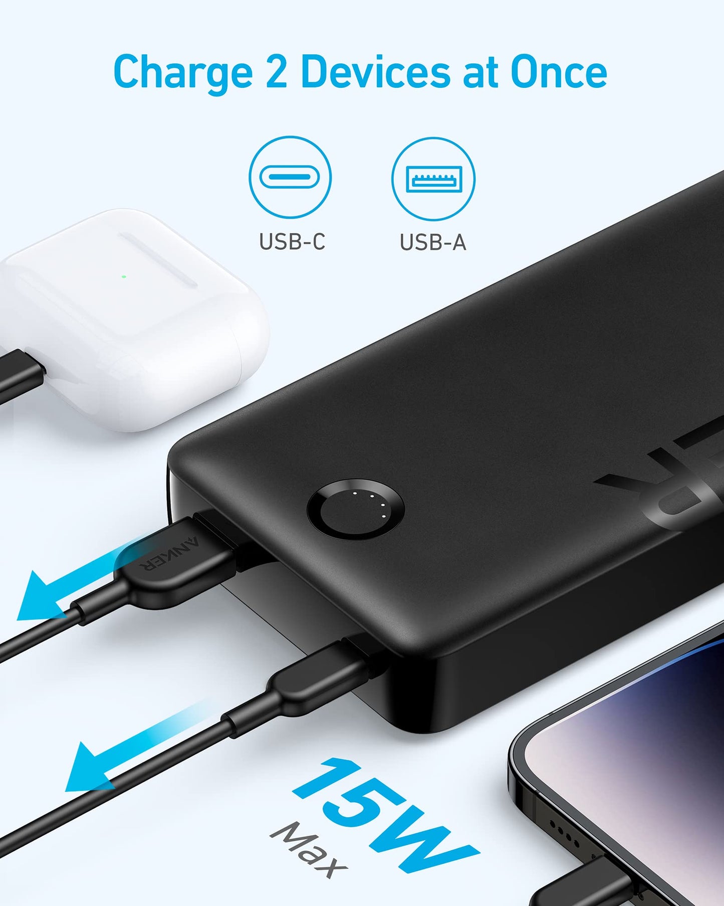 Anker Power Bank, 325 Portable Charger (PowerCore 20K II), 20,000mAh Battery Pack with 2-Port, 15W High-Speed Charging for iPhone15/15 Plus/15 Pro/15 Pro Max/14/13 Series, Samsung Galaxy and More