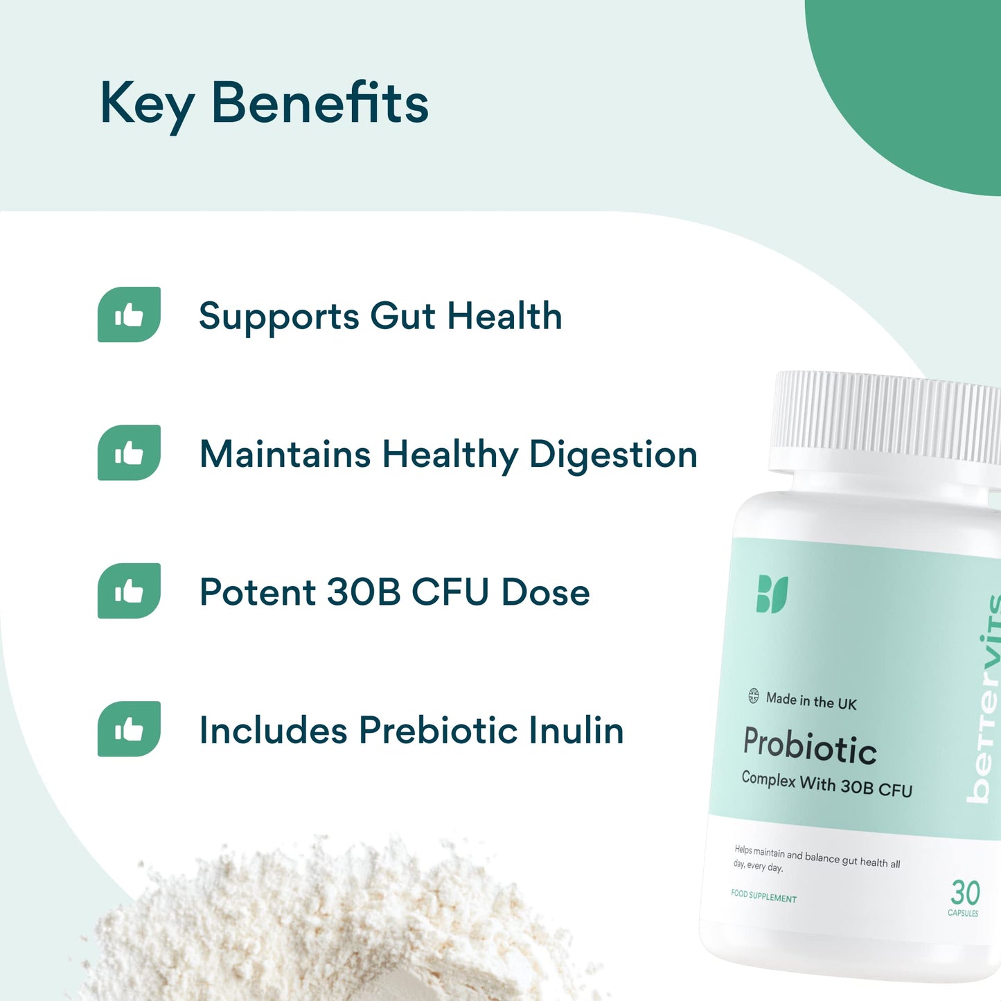 Bettervits Probiotic Complex | 30B CFU | Gut Health | Digestion | Bloating | IBS | with Prebiotic