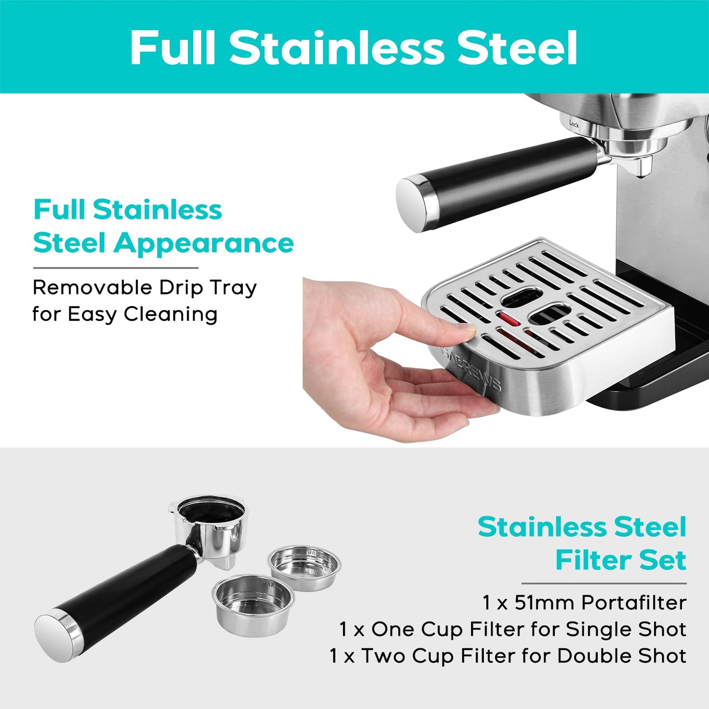 CASABREWS 20 Bar Coffee Machine, Professional Coffee Maker, Cappuccino and Latte Machine with Steam Milk Frother, Compact Espresso Machine with 1.3L Removable Water Tank, Stainless Steel