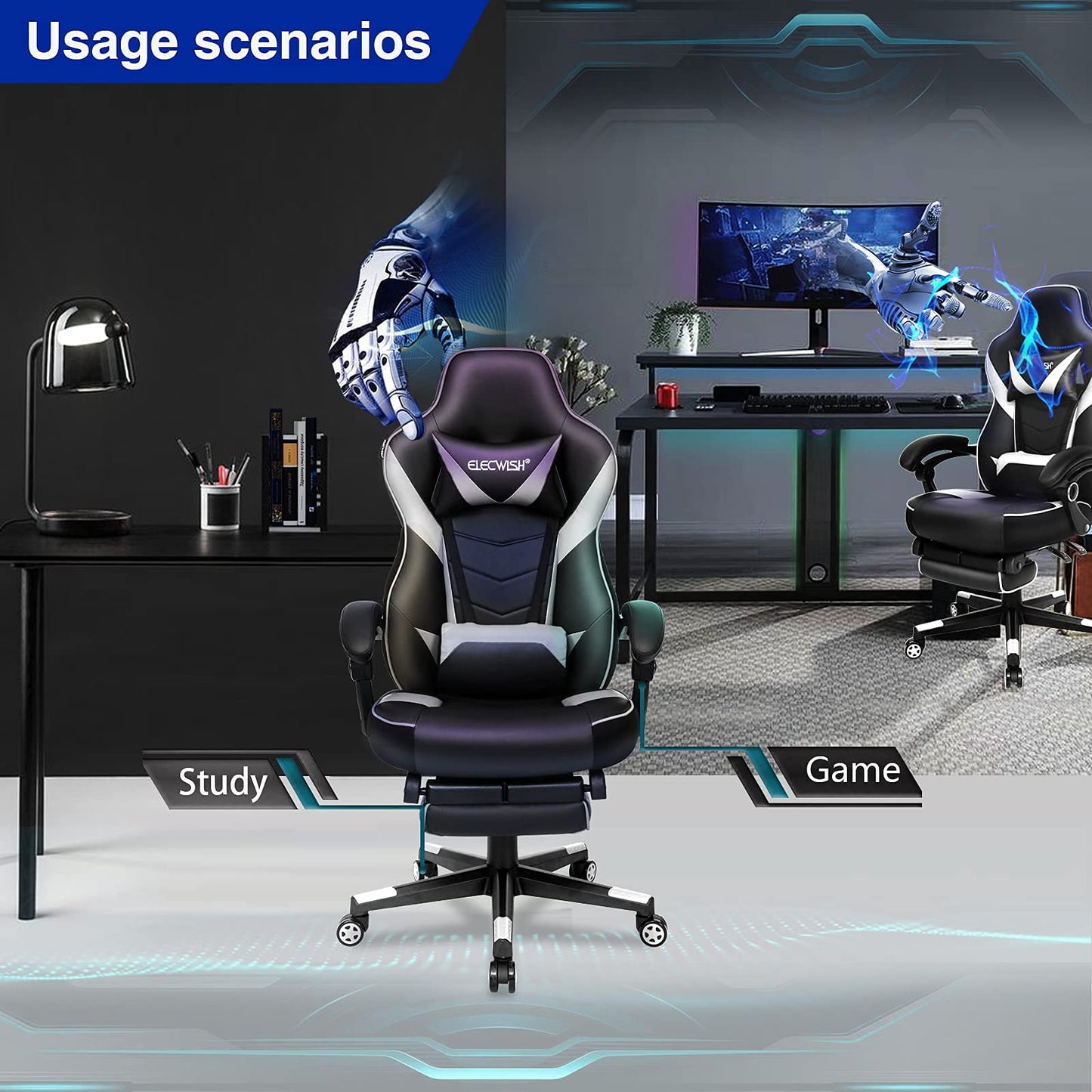 - Fullwatt Computer Gaming Chair | Footrest and Adjustable Arms | Reclining Swivel Chair -