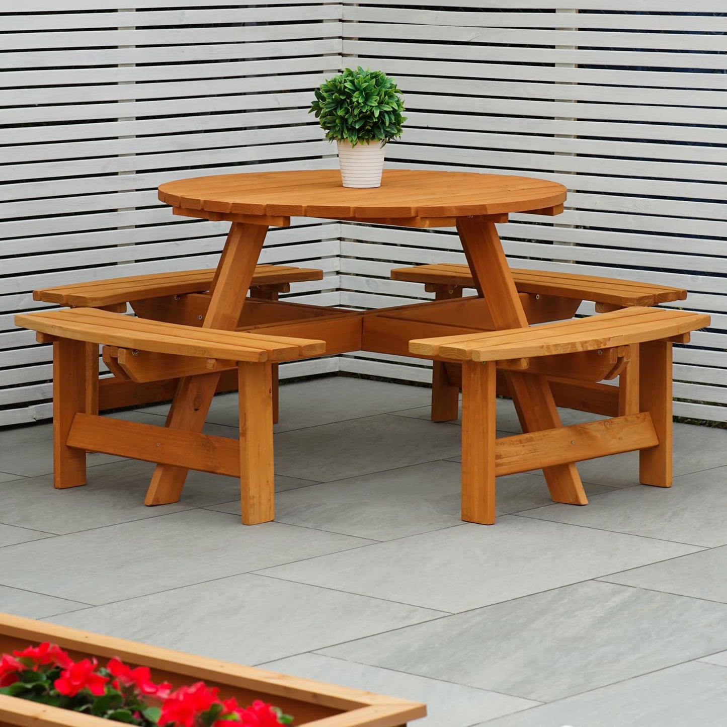 - Maribelle 8 Seater Stained Pine Round Wooden Bench/Picnic Table | For Garden, Pub, Patio -