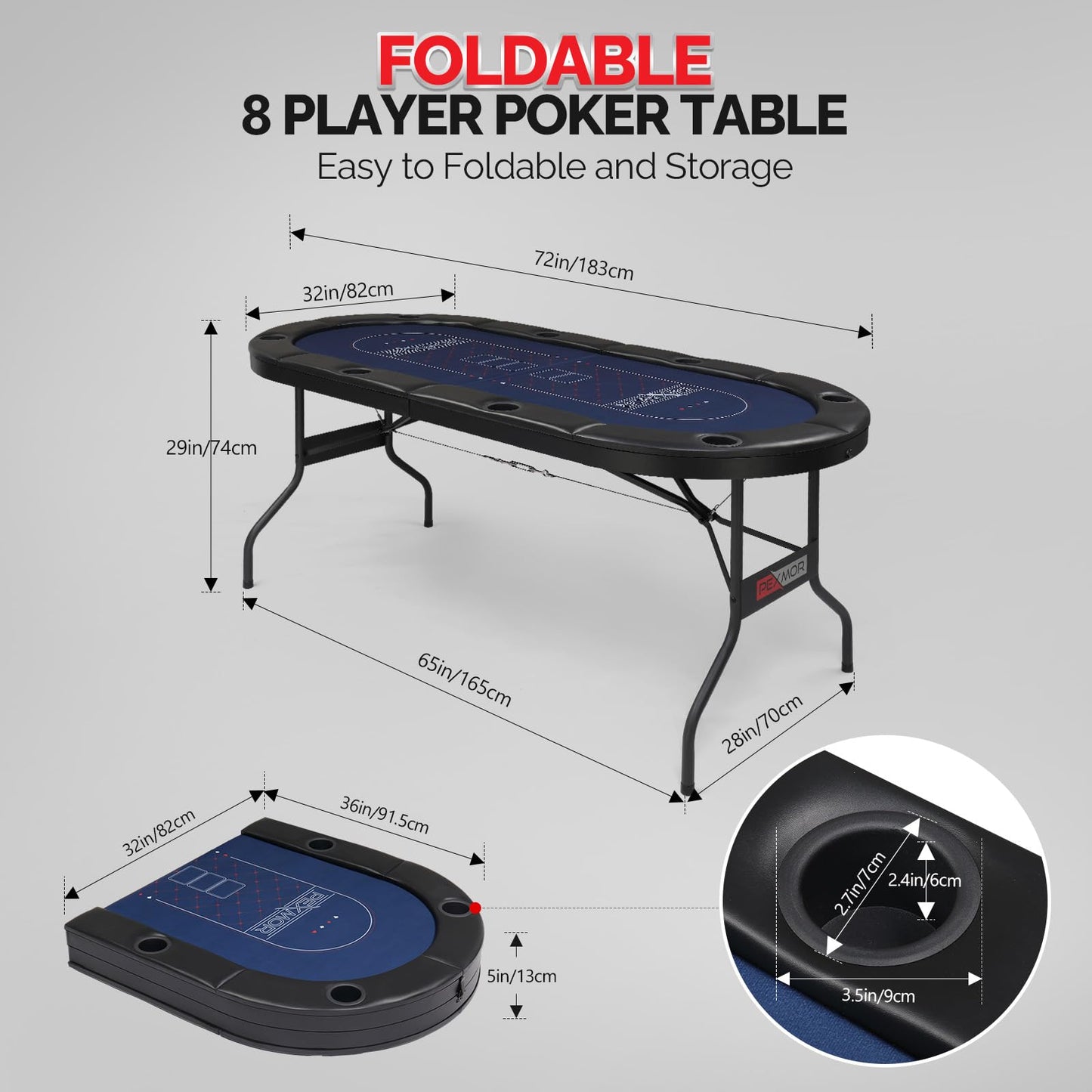 Bonnlo 8 Player Foldable Poker Table, Folding Blackjack Texas Holdem Poker Table, Portable Casino Leisure Card Board Game Table with Stainless Steel Cup Holders & Padded Rails,Fully Assembled