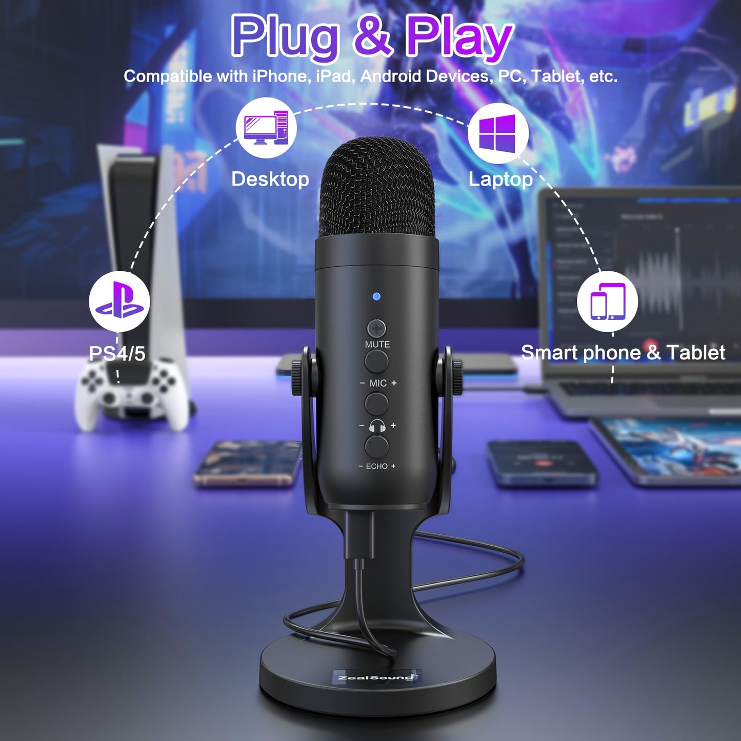 - zealsound USB Microphone, PC Phone Podcast Mic, Condenser Gaming microphones for PS4&5