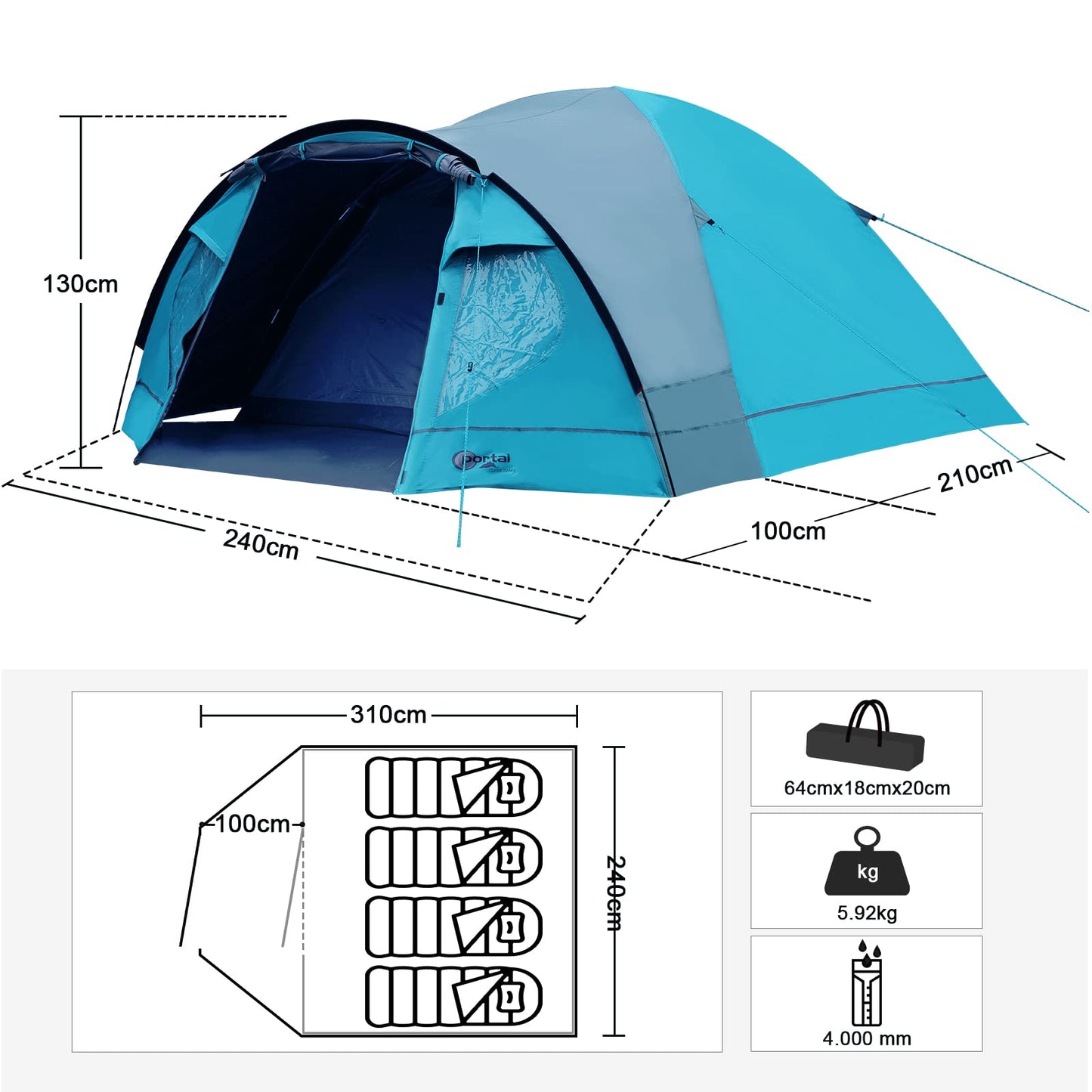 - Portal 3-4 Man Tent with Porch | Camping Tent for 3 to 4 Persons | Sewn-in Groundsheet -