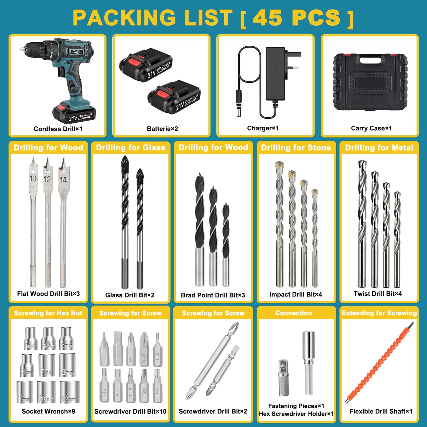 - VOERJIA 21V Cordless Drill, Power Drill Cordless, Cordless Drill with 2 Batteries 2000mAh -