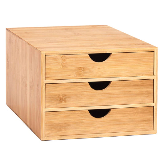 - Woodluv 3 Drawer Bamboo Home Office Desktop Tidy A4 Sturdy Stationary Storage Organiser Unit, W25 X D33 X H18.5cm