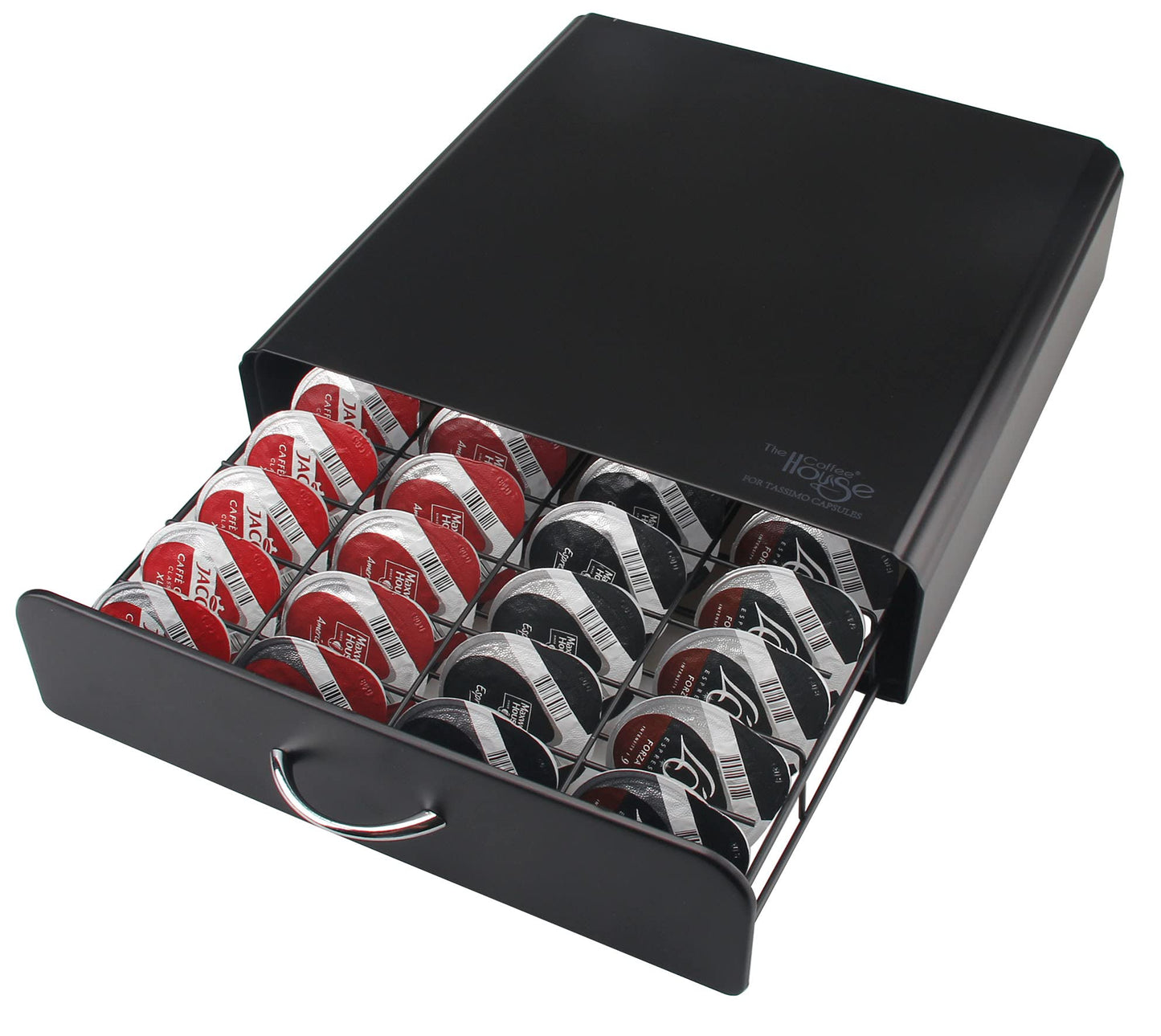 - Ever Rich ® Tassimo Pod Holder | 64pcs | T-Disc Coffee Capsules | Bosch Tassimo Stand & Pod Storage Drawer | Anti-Vibration Design I Comes With a Micro Fiber Cleaning Cloth (Metal/Black) (64) -