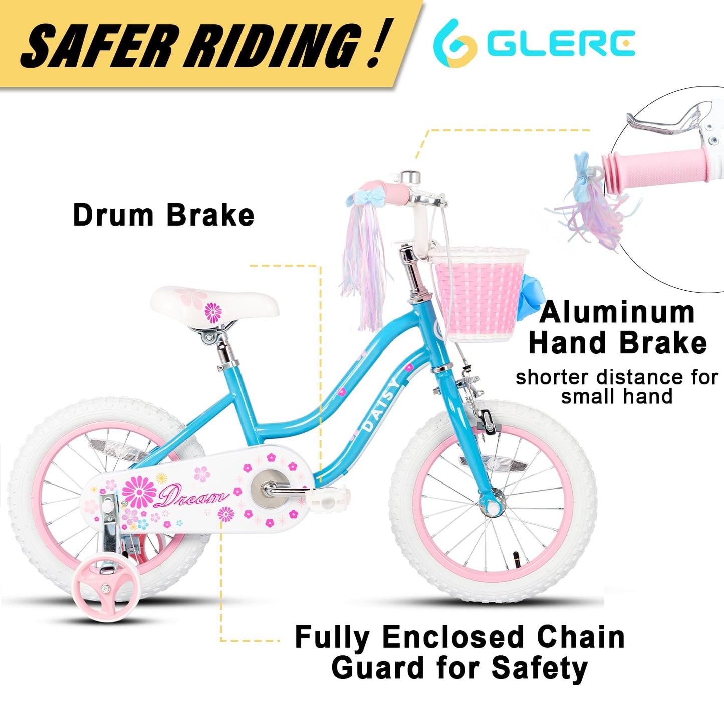 - Glerc Daisy Kids Bike | 14 Inch Girls Bike | 3 4 5 Years Old | Streamers, Basket,Stabilisers and Bell -