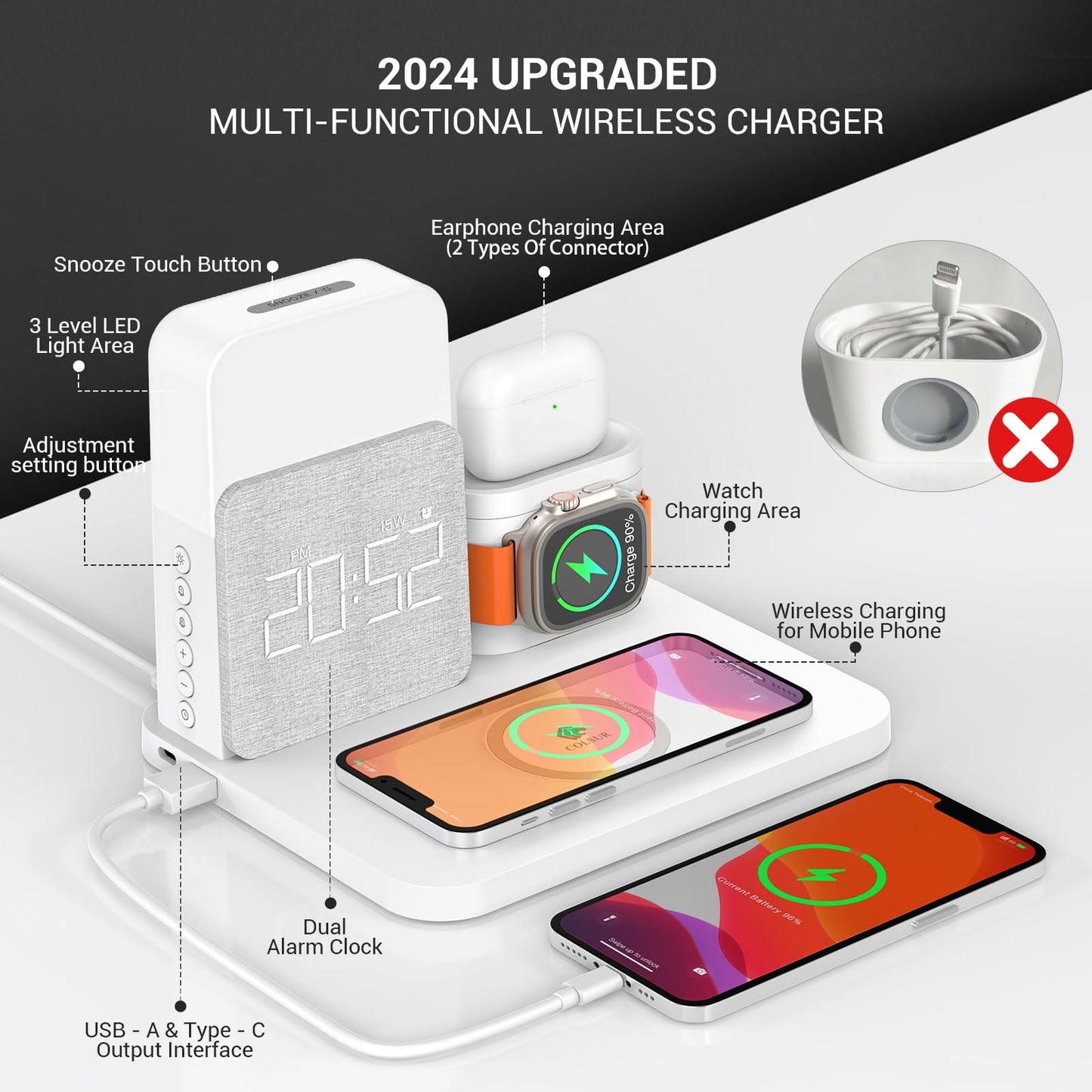 COLSUR 3 in 1 Wireless Charging Station, Mag-Safe 15W Wireless Charger with Alarm Clock, Night Light, Wireless Charger Stand for iPhone 15 14 13 12 11 X Pro Max, Apple Watch, AirPods