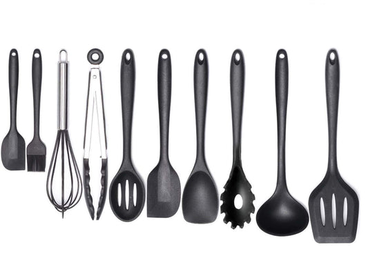 - 10-Piece Silicone Kitchen Utensil Set - Non-Stick, Heat Resistant Cooking Utensils Set of Spatula, Turner, Spoons, Tong, Oil Brush and Whisk (Black)
