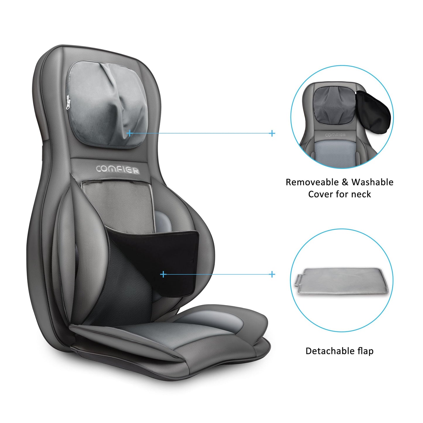 COMFIER Shiatsu Back Massager with Heat -Deep Tissue Kneading Massage Chair, Massage Chair Pad for Full Back, Chair Massager for Home or Office Chair use (dark grey), Gifts for Women,Men