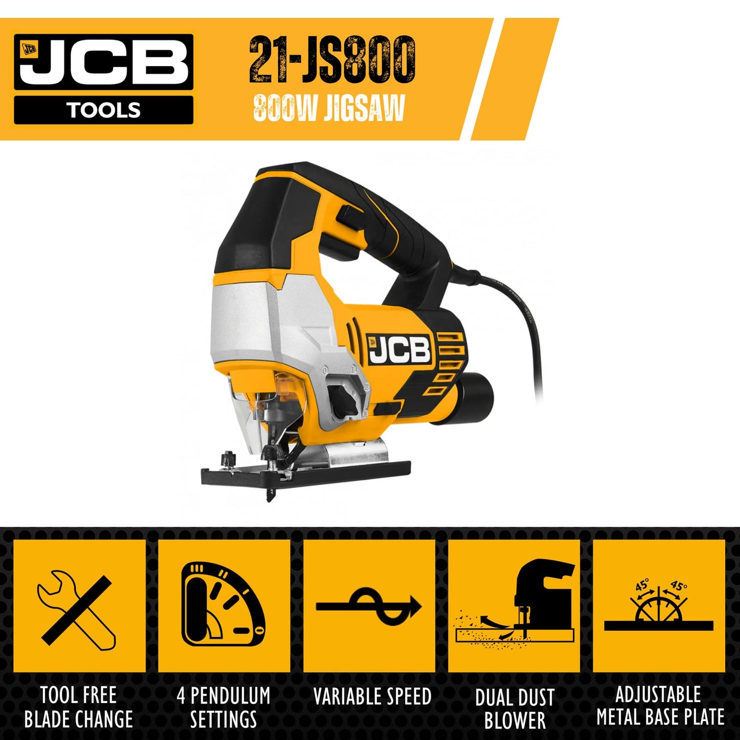 - JCB 240V Corded Jigsaw | 4 Pendulum Settings & Tool Free Blade Change | Variable Speed & Built in Dust Blower | Cutting Capacity of 100mm for Wood and 10mm for Metal | 800W -