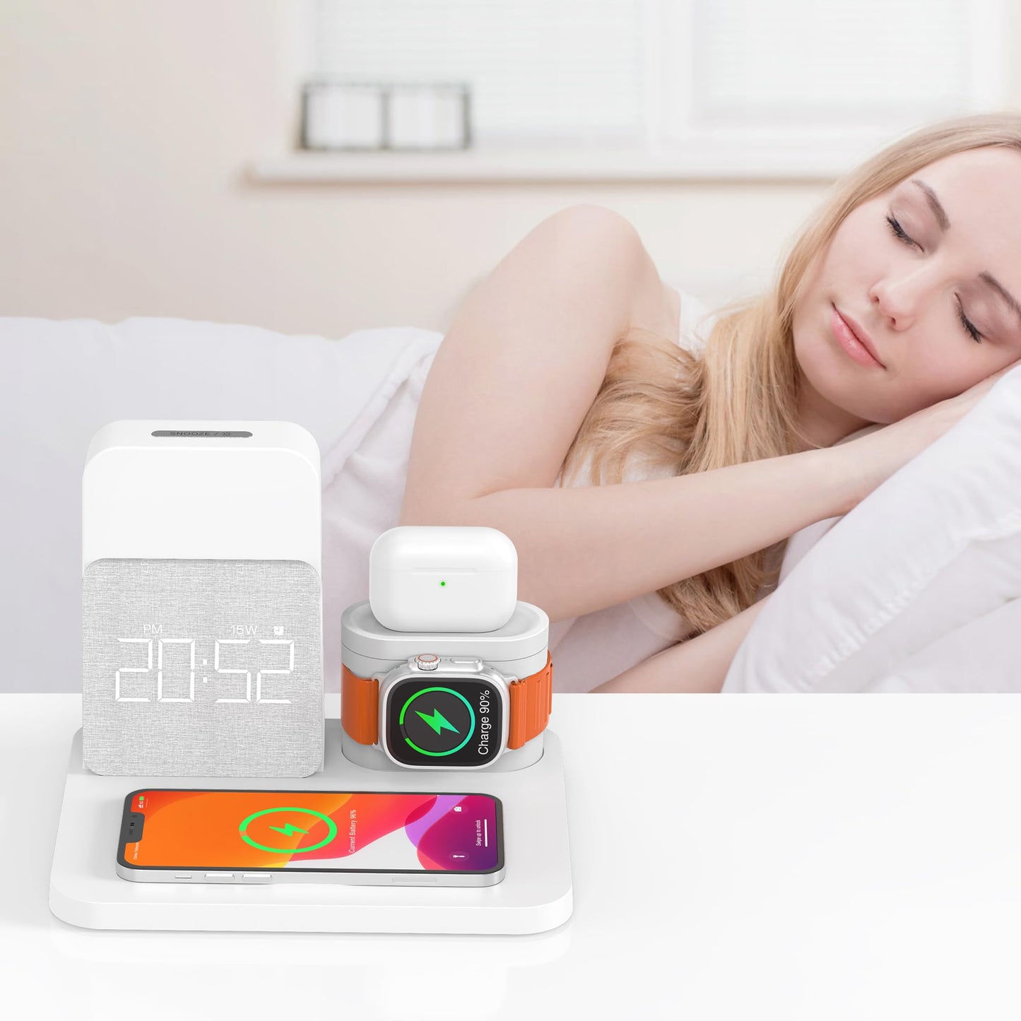 COLSUR 3 in 1 Wireless Charging Station, Mag-Safe 15W Wireless Charger with Alarm Clock, Night Light, Wireless Charger Stand for iPhone 15 14 13 12 11 X Pro Max, Apple Watch, AirPods