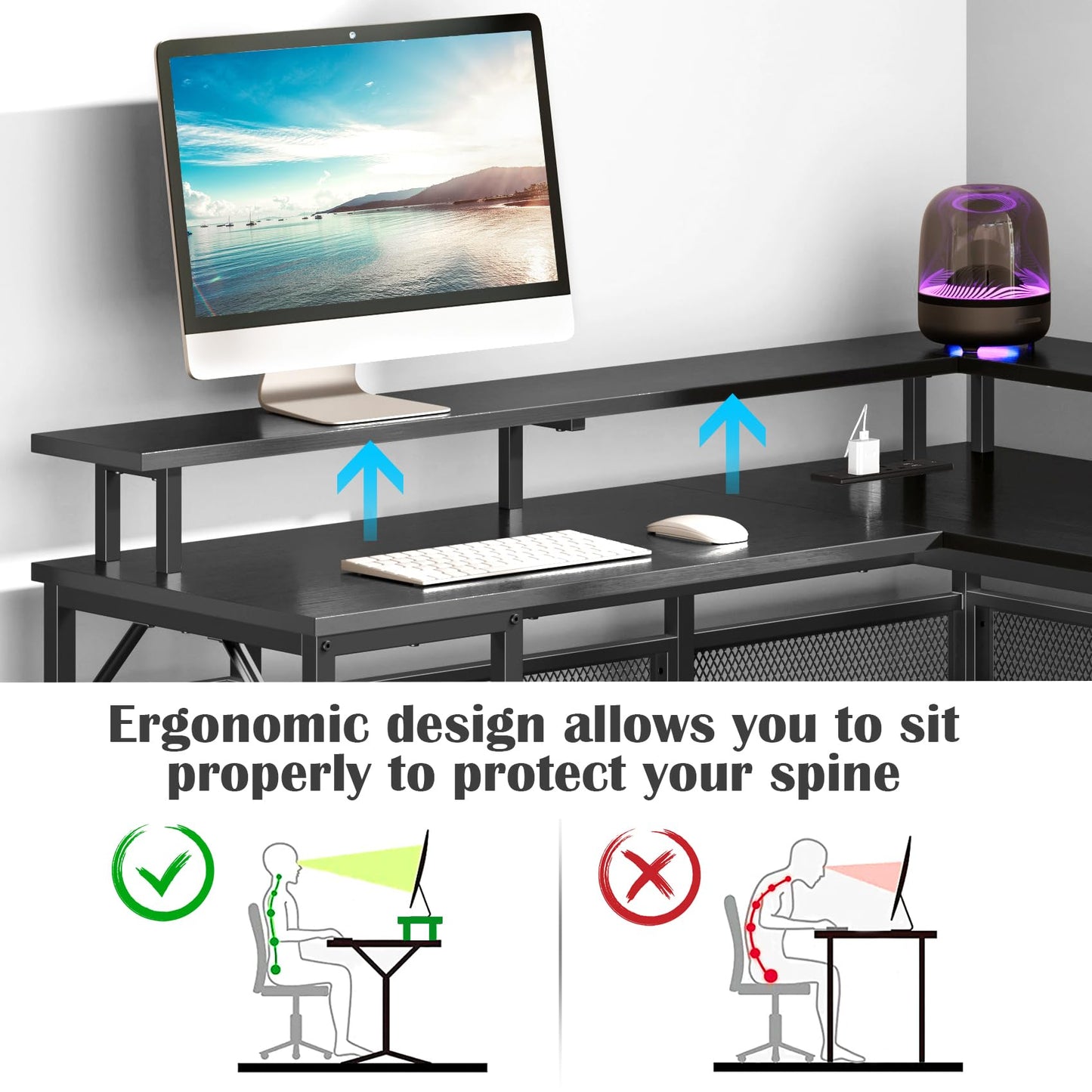 -Yornoli L Shaped Gaming Desk with Led Lights&Power Outlet, 140cm Corner Gaming Desk for Home Office Computer Desk with Monitor Stand & Storage Shelves, Black
