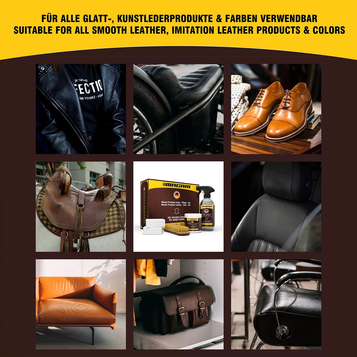 - Macari Leather Care | 500 ml Balm | 500 ml Cleaner | 2 Sponges | Leather Brush -