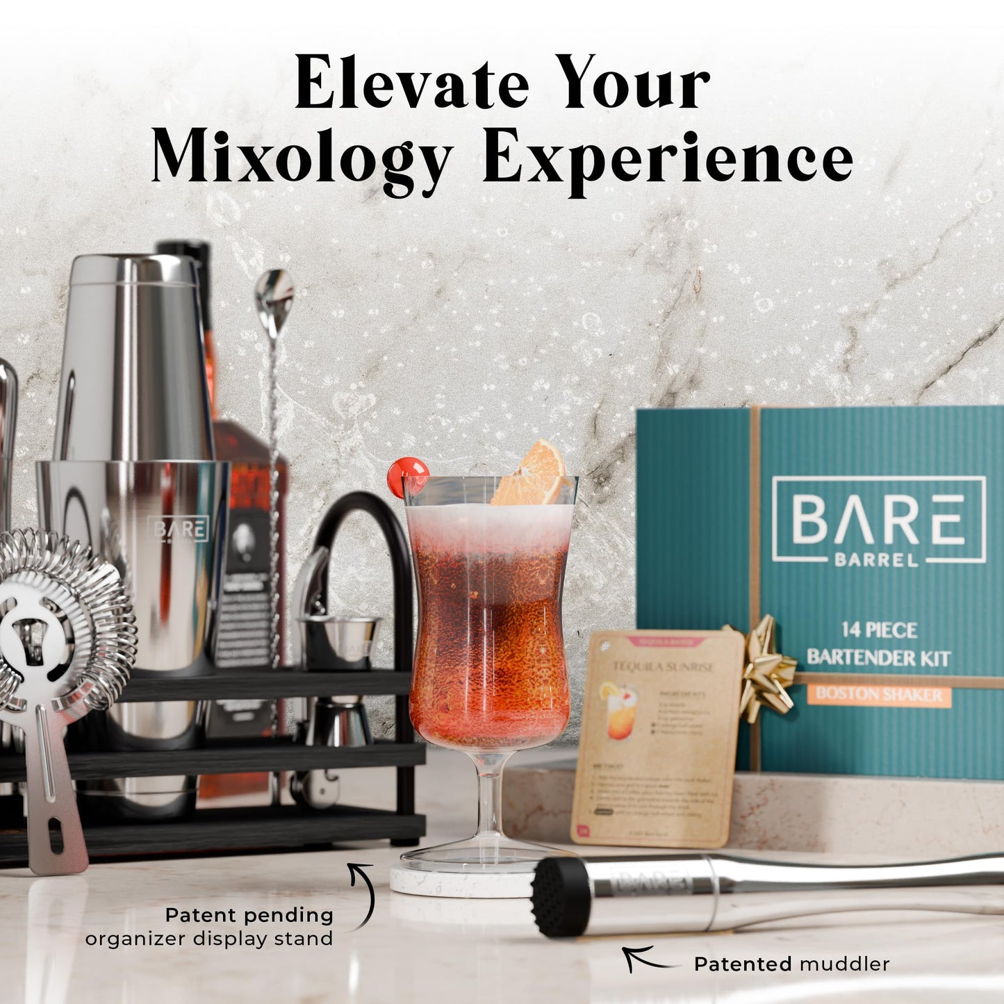 BARE BARREL® Cocktail Making Kit | 14-Piece Bartender Kit Cocktail Shaker Set Maker | Bamboo Display Stand & 35 Recipe Cards | Mixology Cocktail Gift Set (800ml/28oz Boston Shaker, Silver Black)