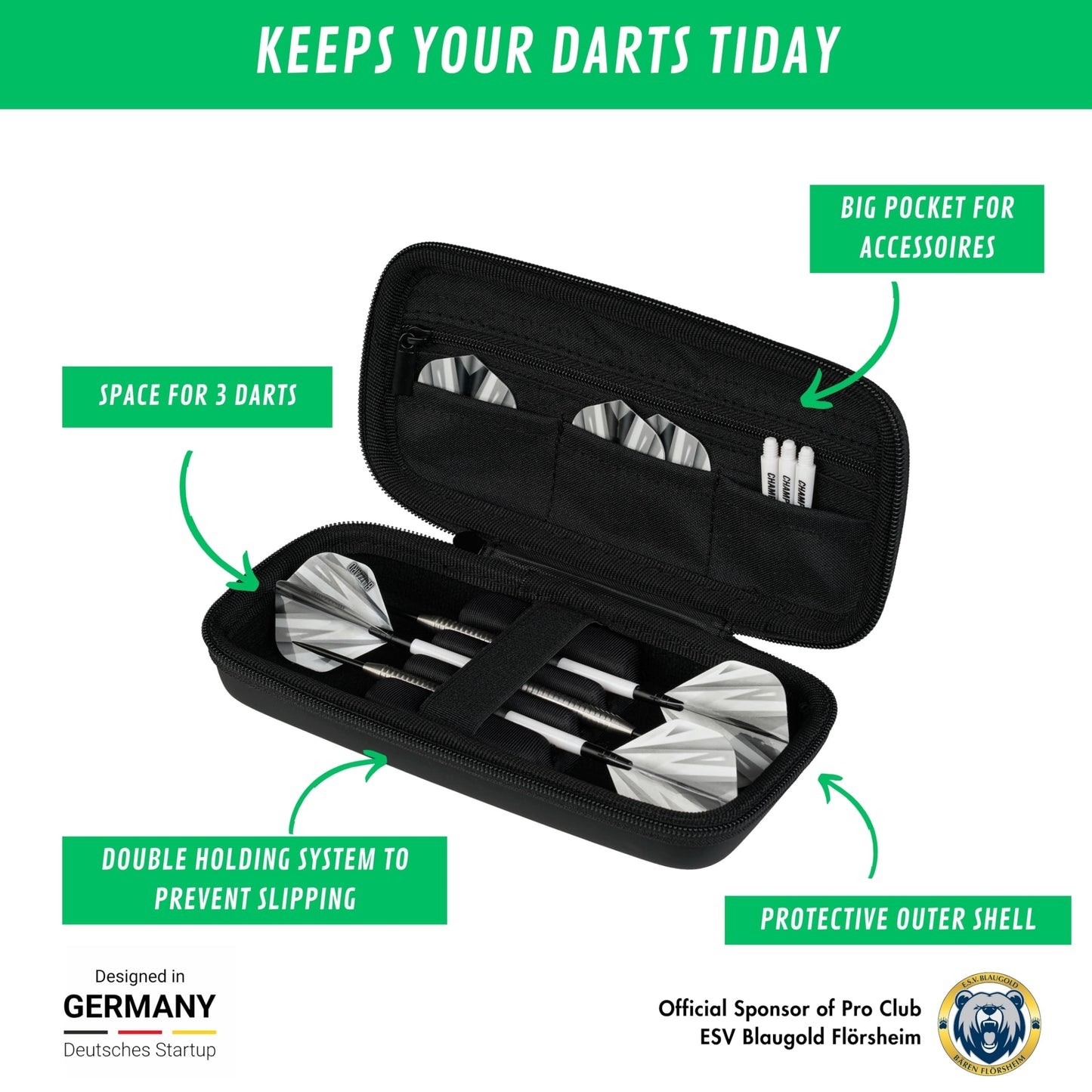 Champify® Black dart case with holder system to prevent the darts from slipping | Hard case for protection for 3 steel darts or soft darts & many pockets for dart flights & other accessories