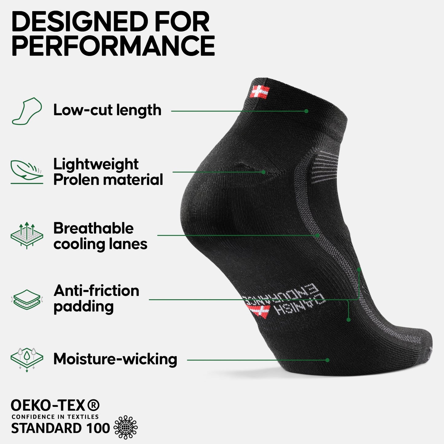 DANISH ENDURANCE 3 Pack Low-Cut Cycling Socks, Ankle Length, Breathable for Men & Women, Black, 9-12