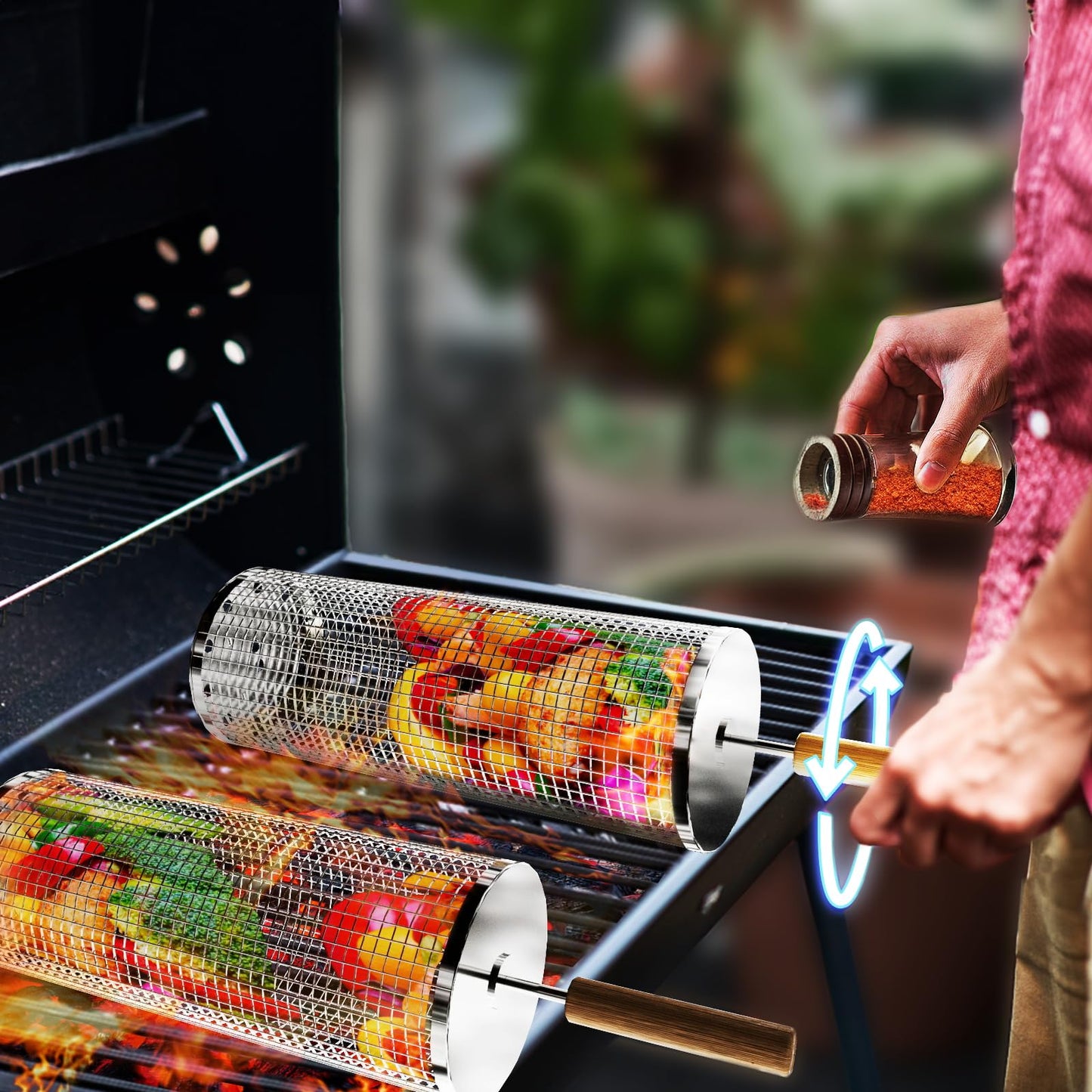 - Nesting Grill Baskets (2PCS) | Removable Wooden Handle | 304 Stainless Steel -