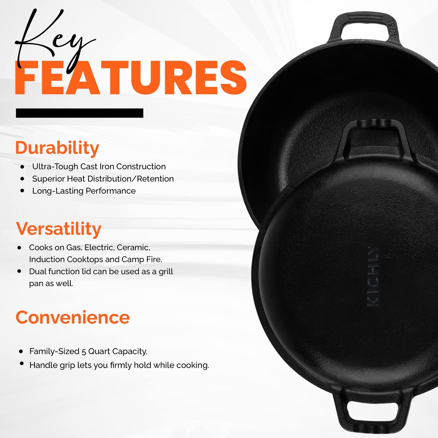 - KICHLY 4.7L/5.0 Quart Pre Seasoned Cast Iron Pan | Dutch Oven with Lid | Dual Function Cast Iron Griddle Pan -