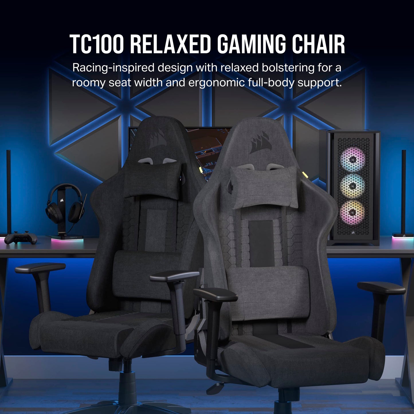 Corsair TC100 RELAXED Gaming Chair - Fabric - Racing-Inspired Design - Lumbar Pillow - Detachable Memory Foam Neck Pillow - Adjustable Seat Height - Adjustable Armrests - Grey & Black